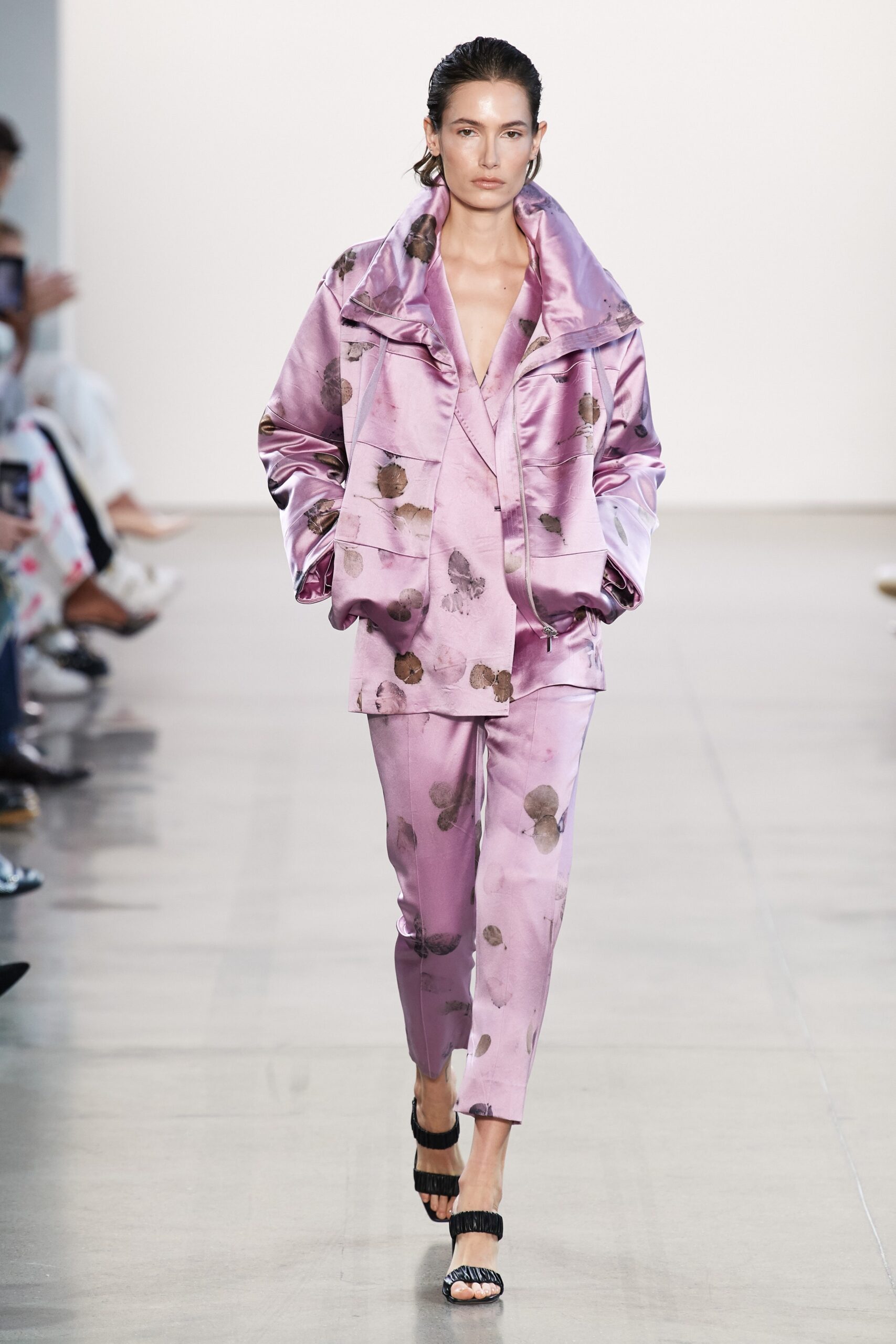 pink silk printed jacket and pants