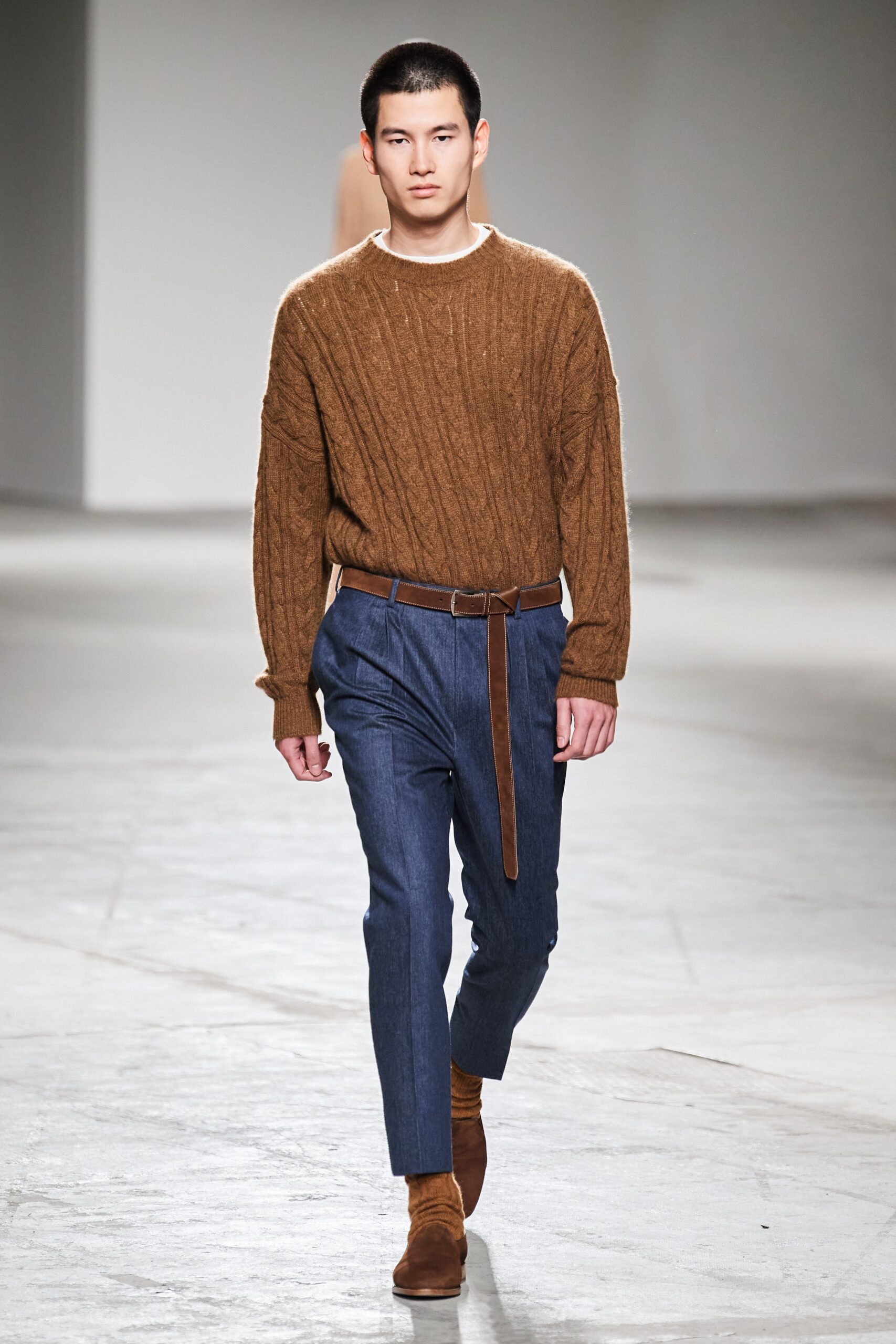 brown wool sweater with tailored pants