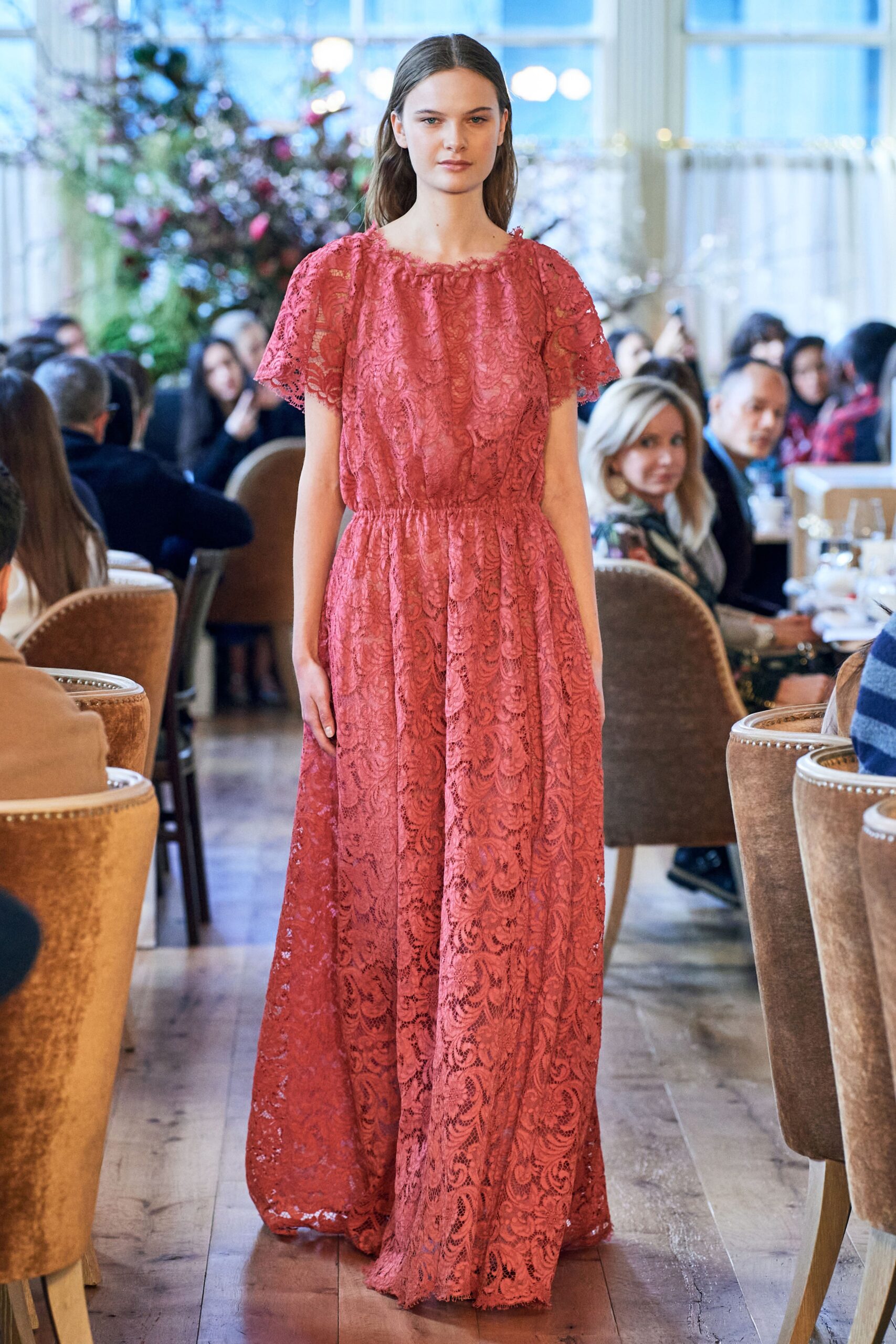 pink lace tiered gown
