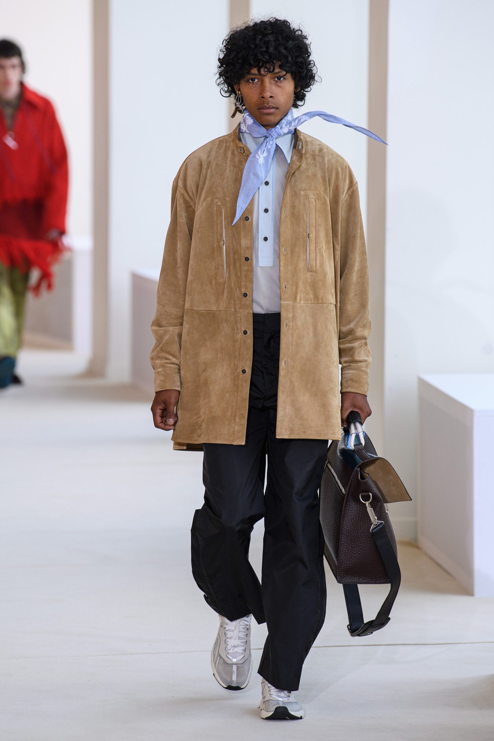beige suede long-sleeve collared relaxed buttoned jacket