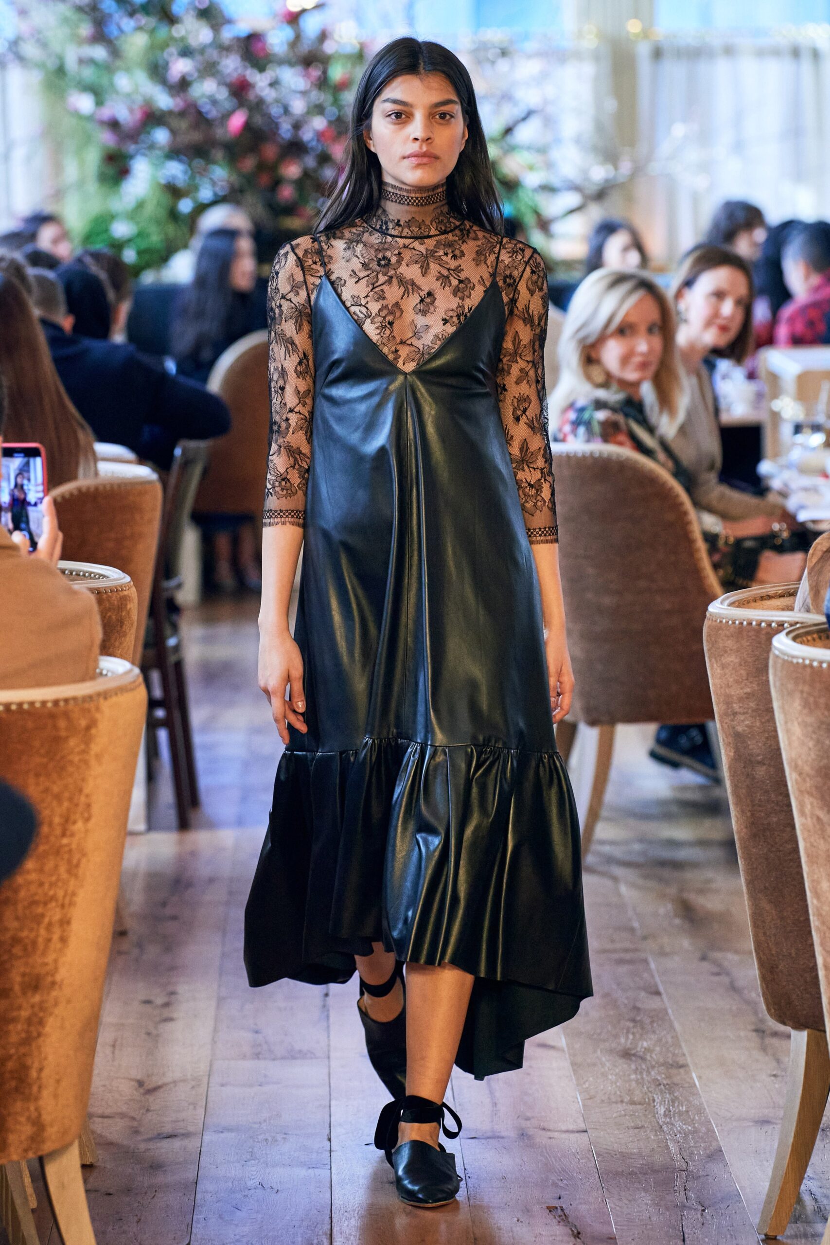 black leather midi dress with lace top