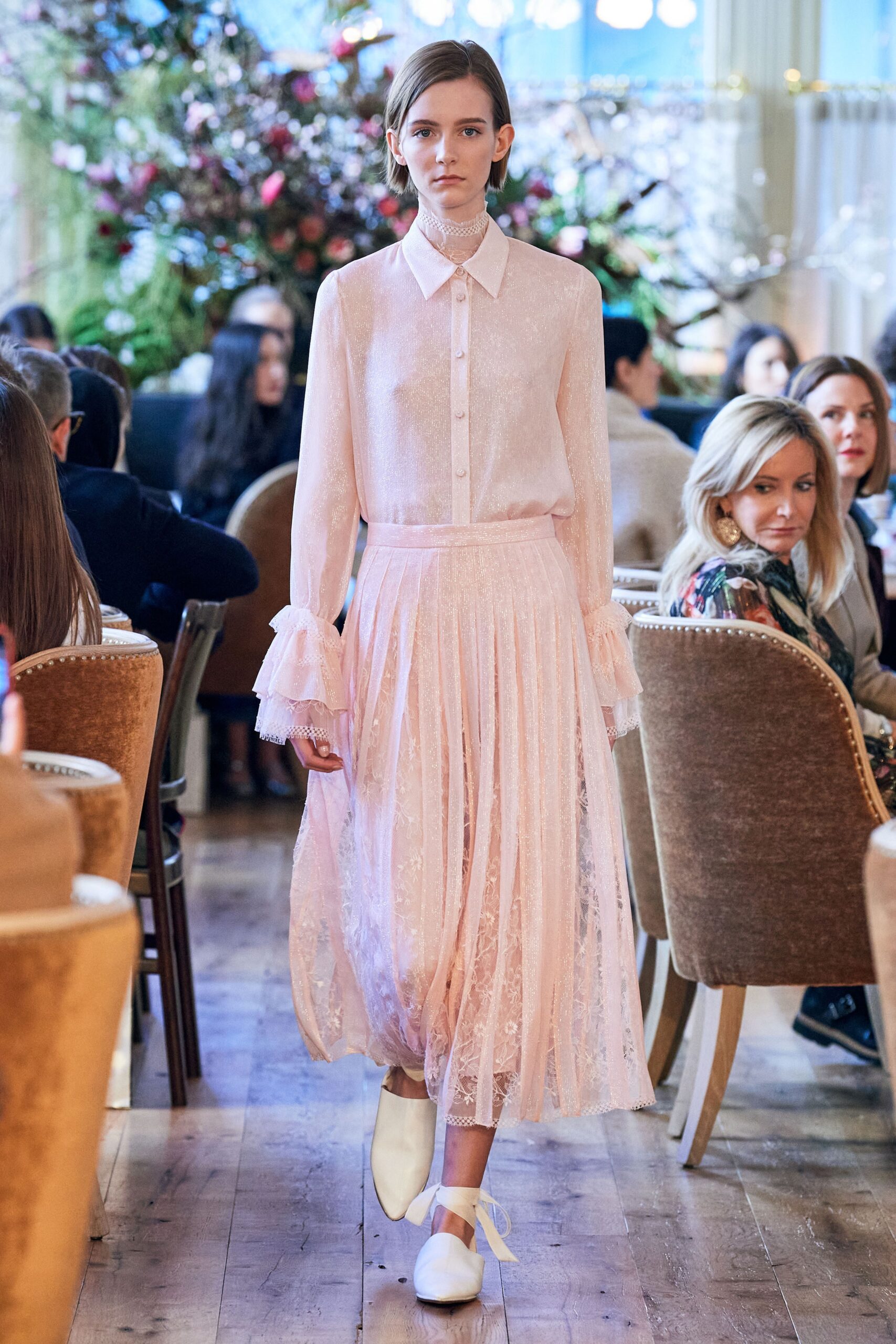pink silk blouse and lace skirt