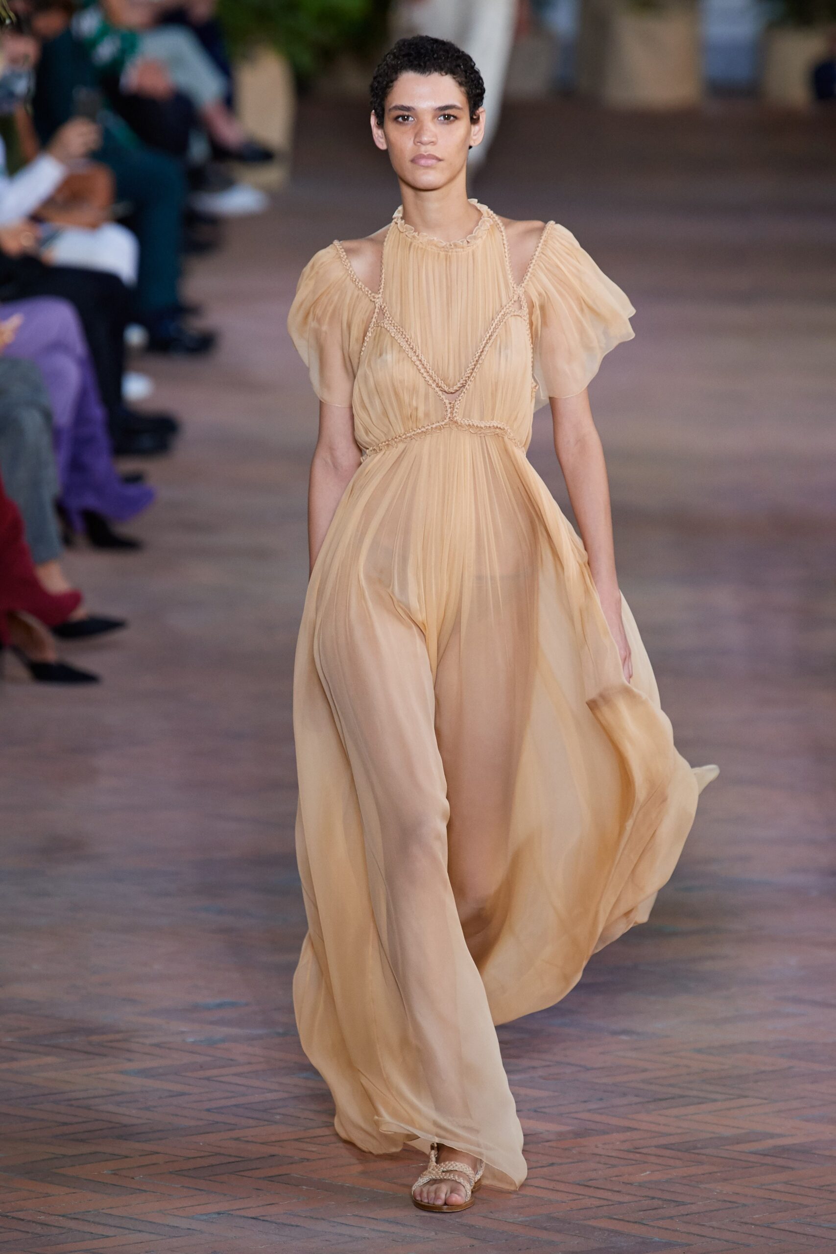 beige chiffon sleeveless gown