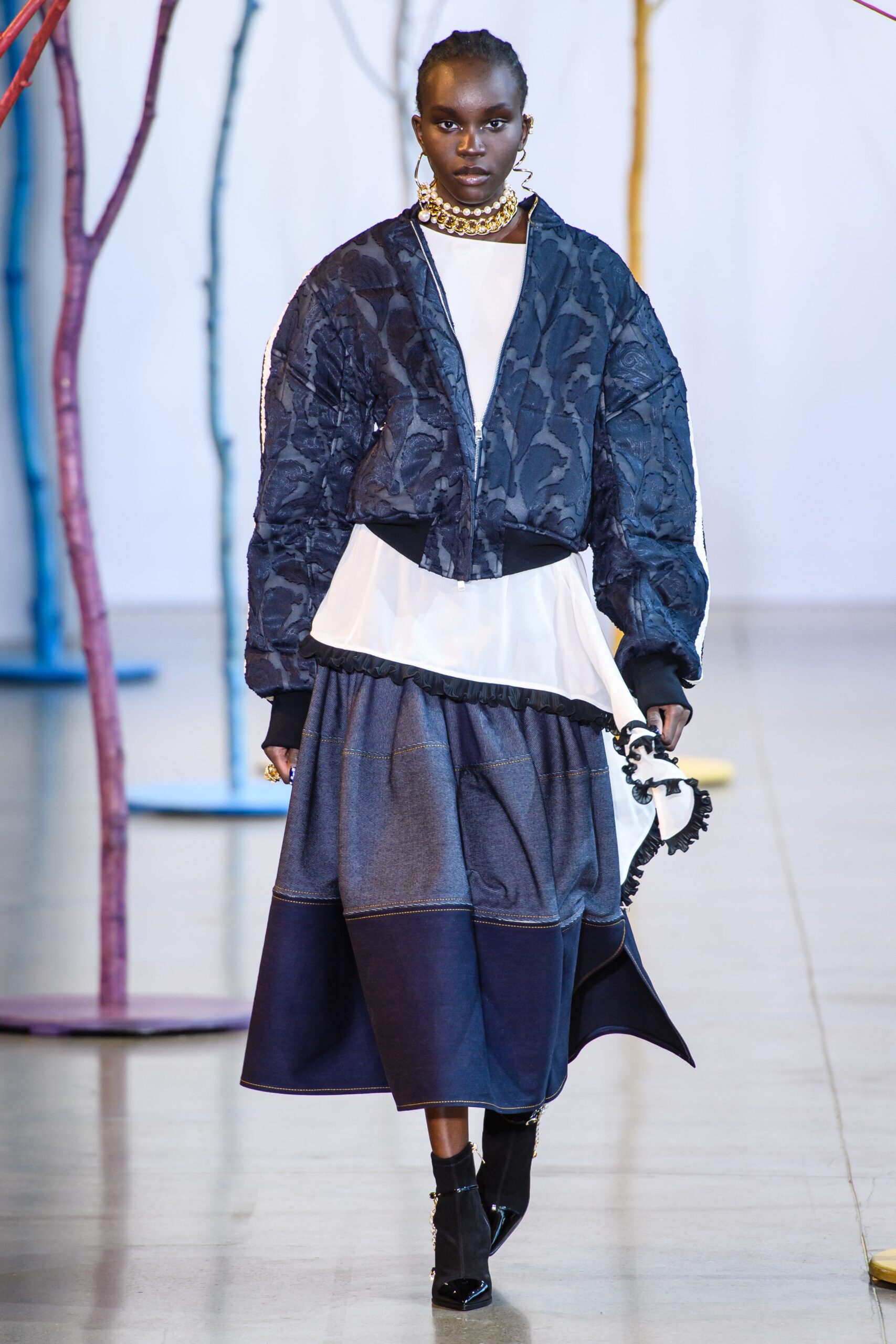 oversized black blue jacket with white blouse