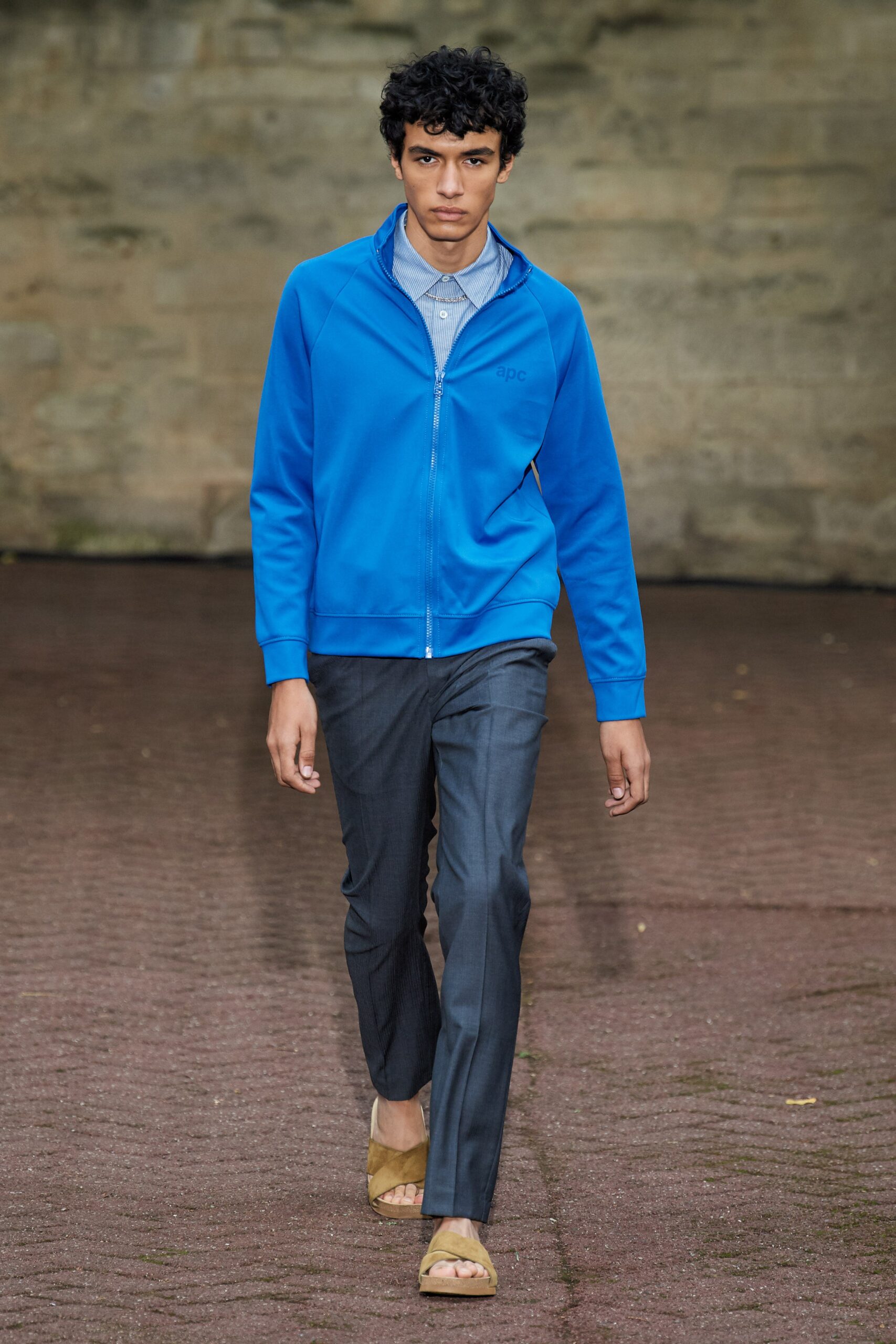 blue hoodie gray shirt tailored pants