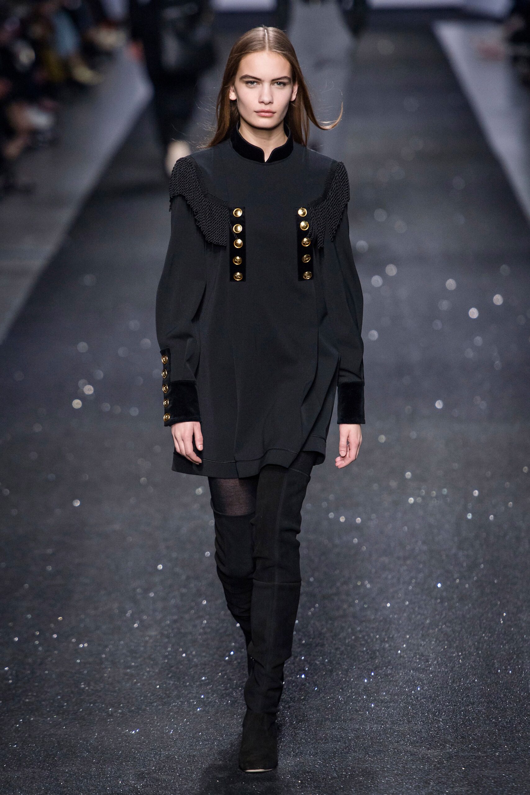 black cotton long-sleeve collared relaxed buttoned pockets dress