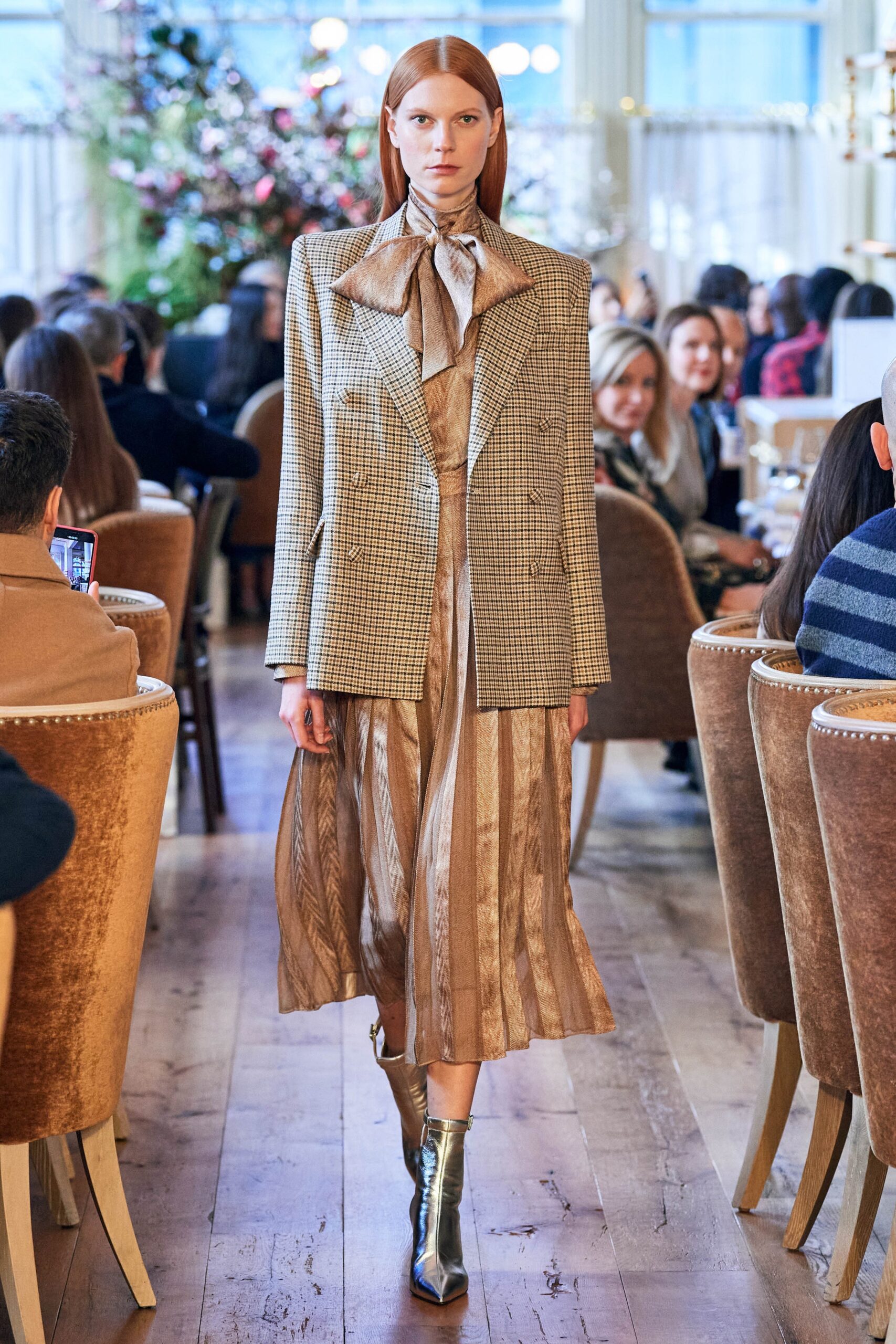 tailored blazer and pleated dress