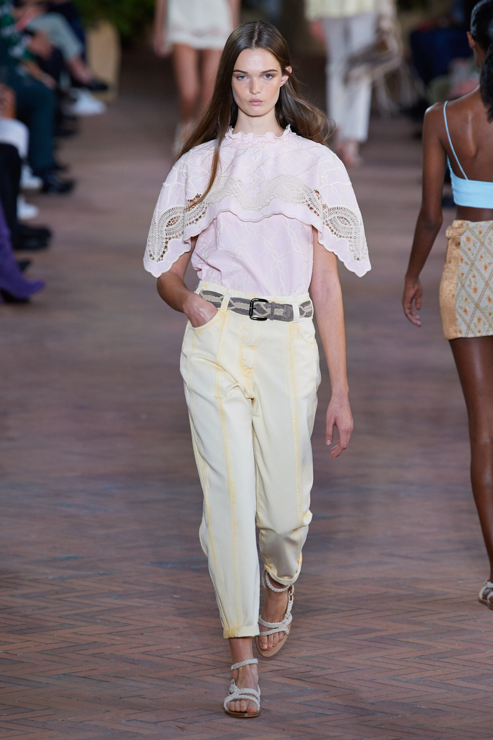 pink lace top with relaxed pants
