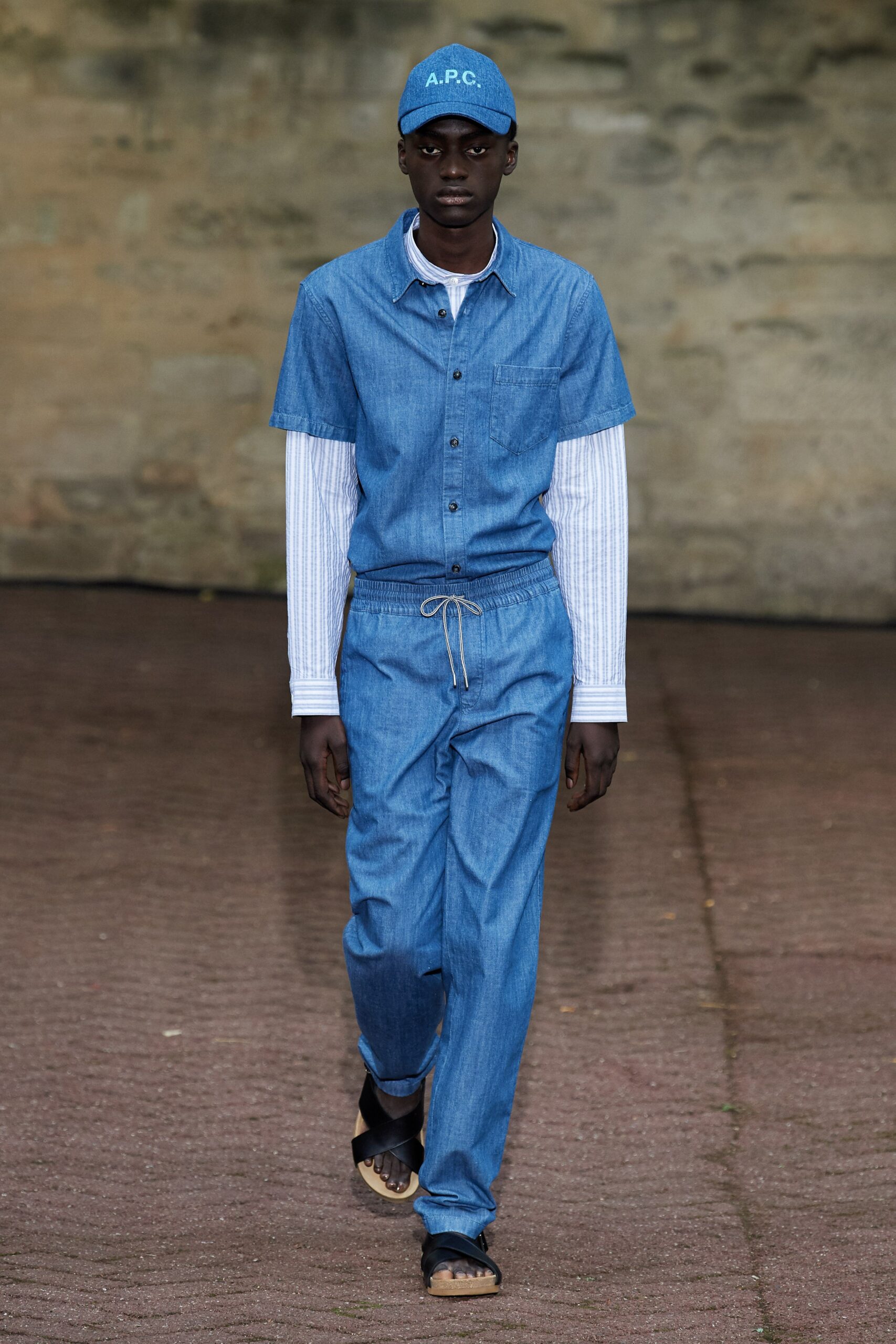 blue denim shirt with relaxed pants