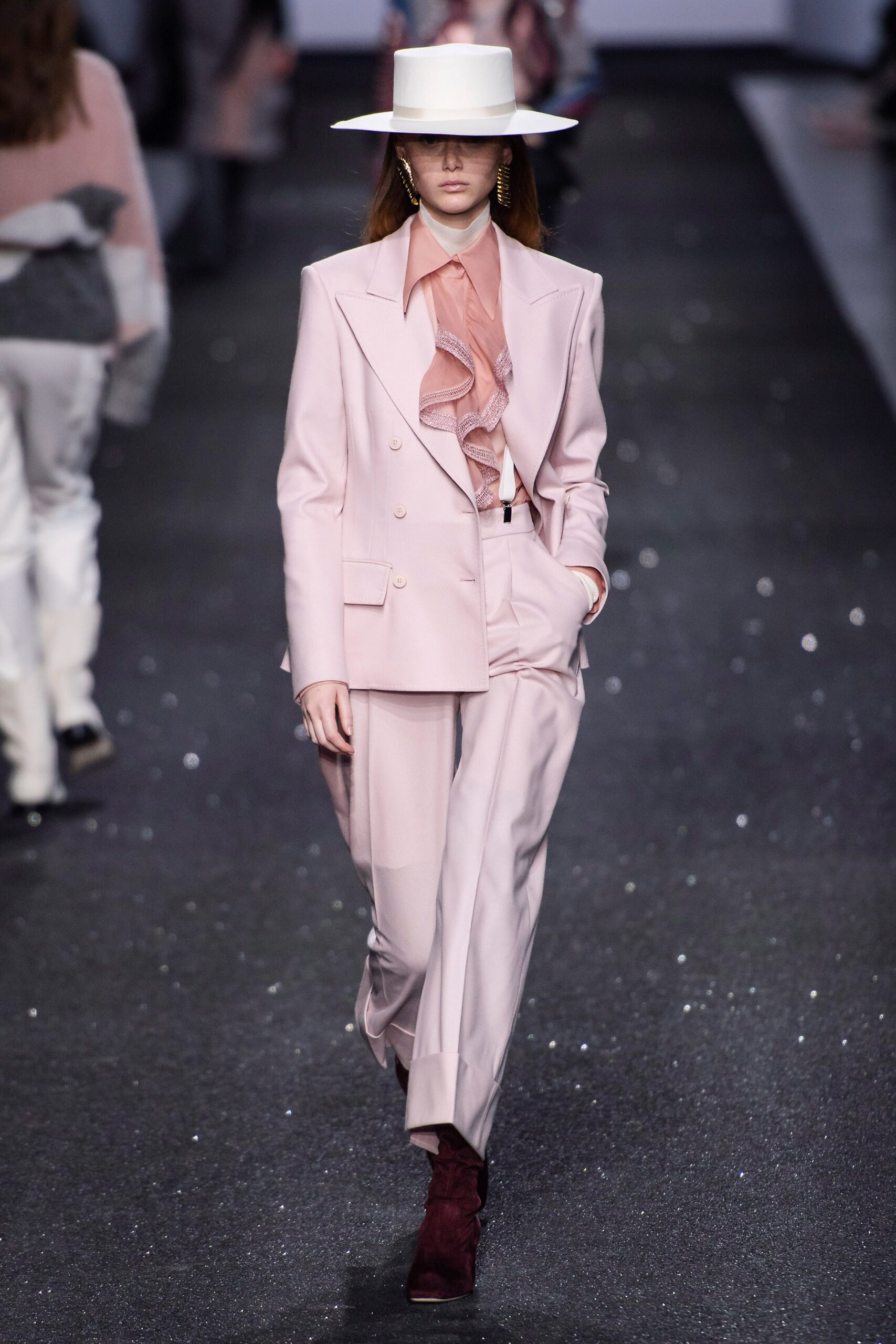 pink wool long-sleeve collared tailored ruffled suit