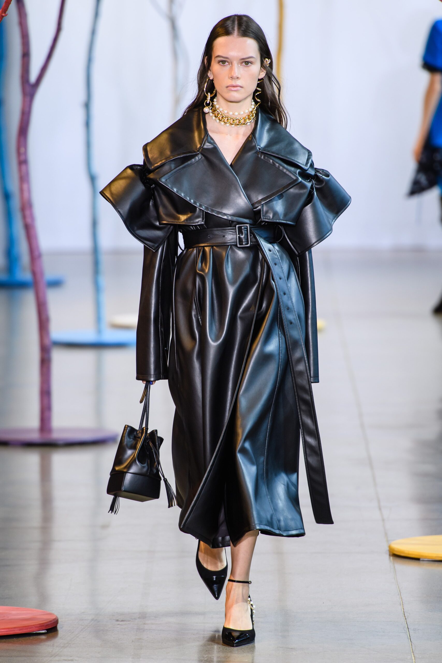 black leather belted coat