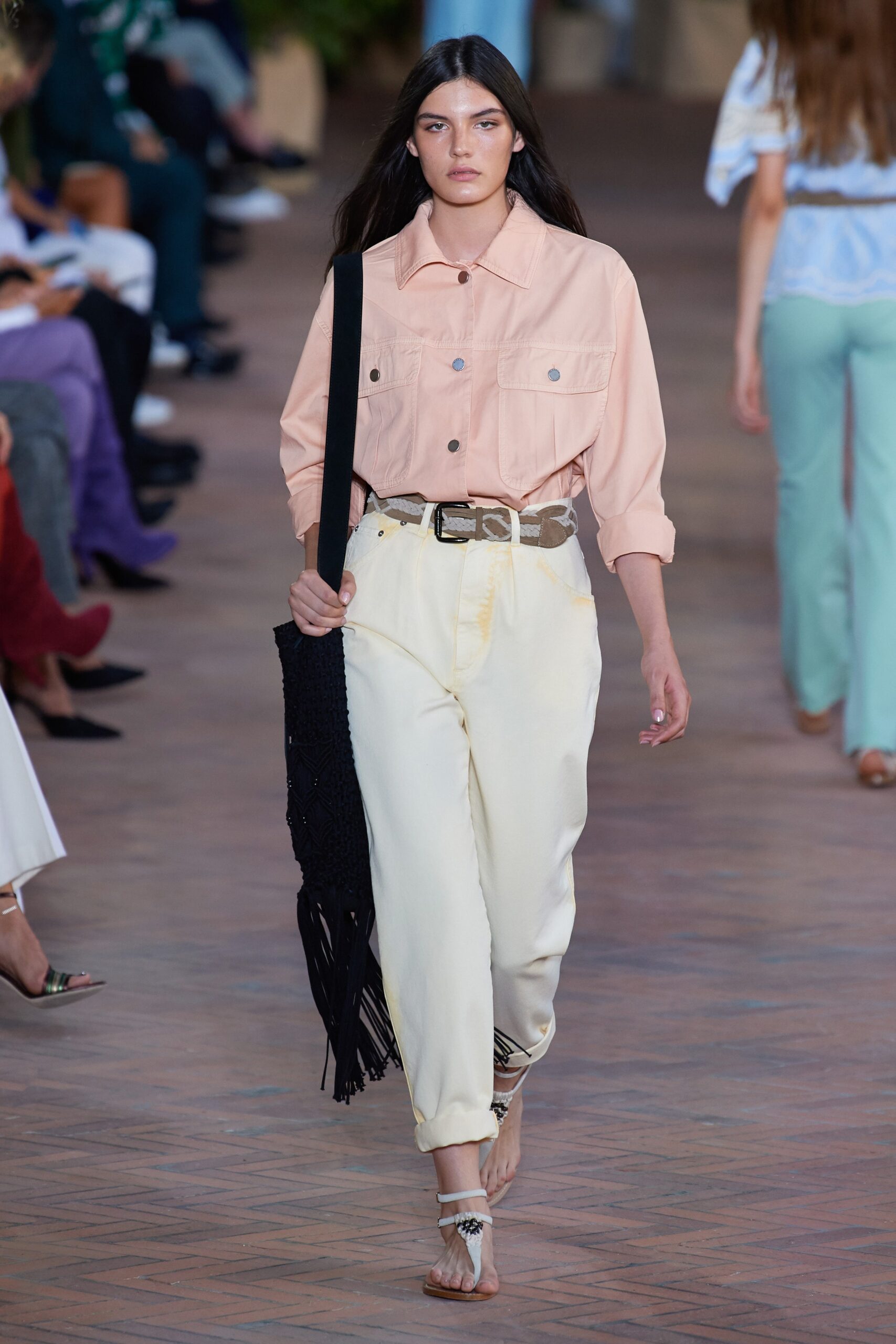 pink relaxed shirt with yellow pants