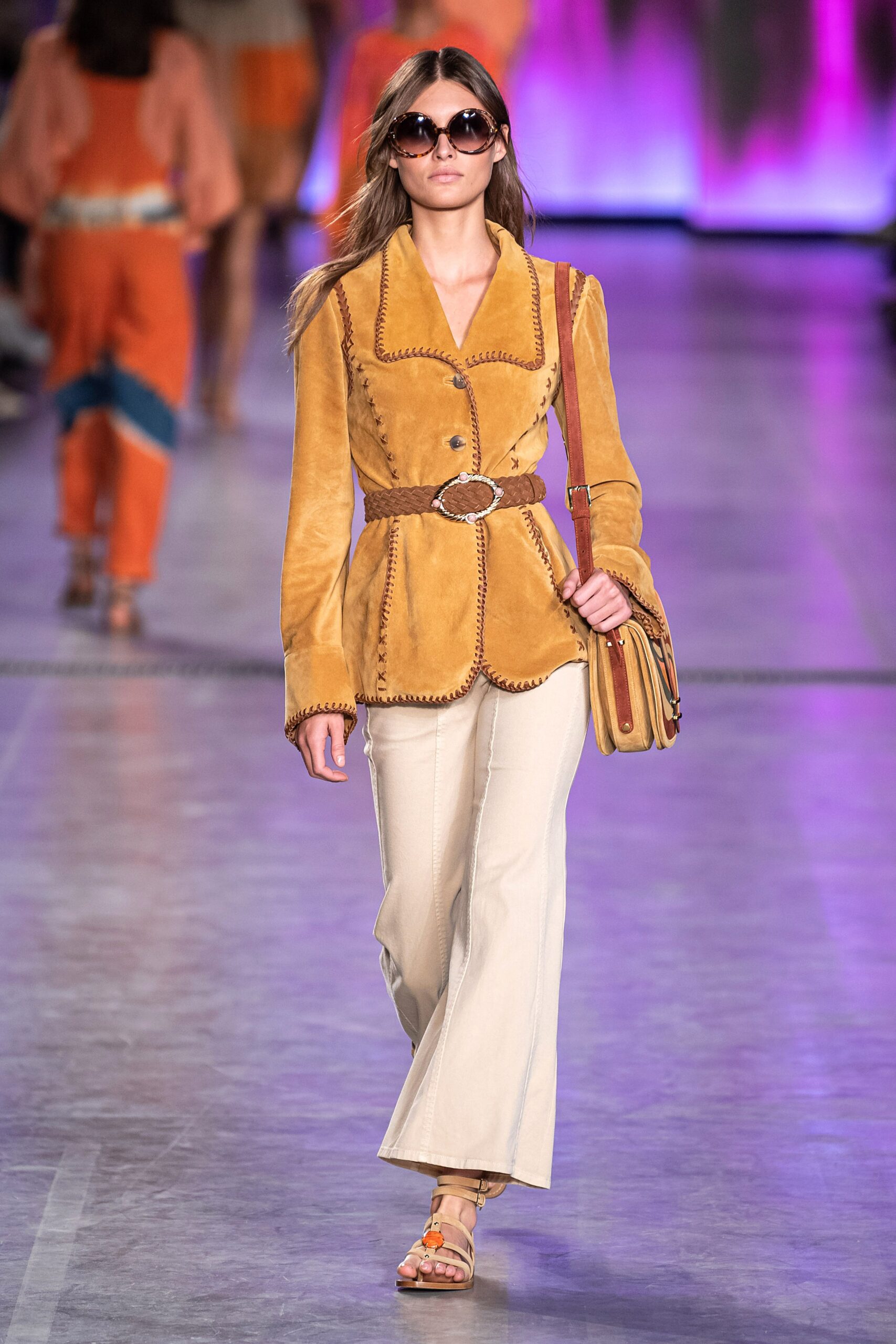 brown suede belted jacket with flared pants