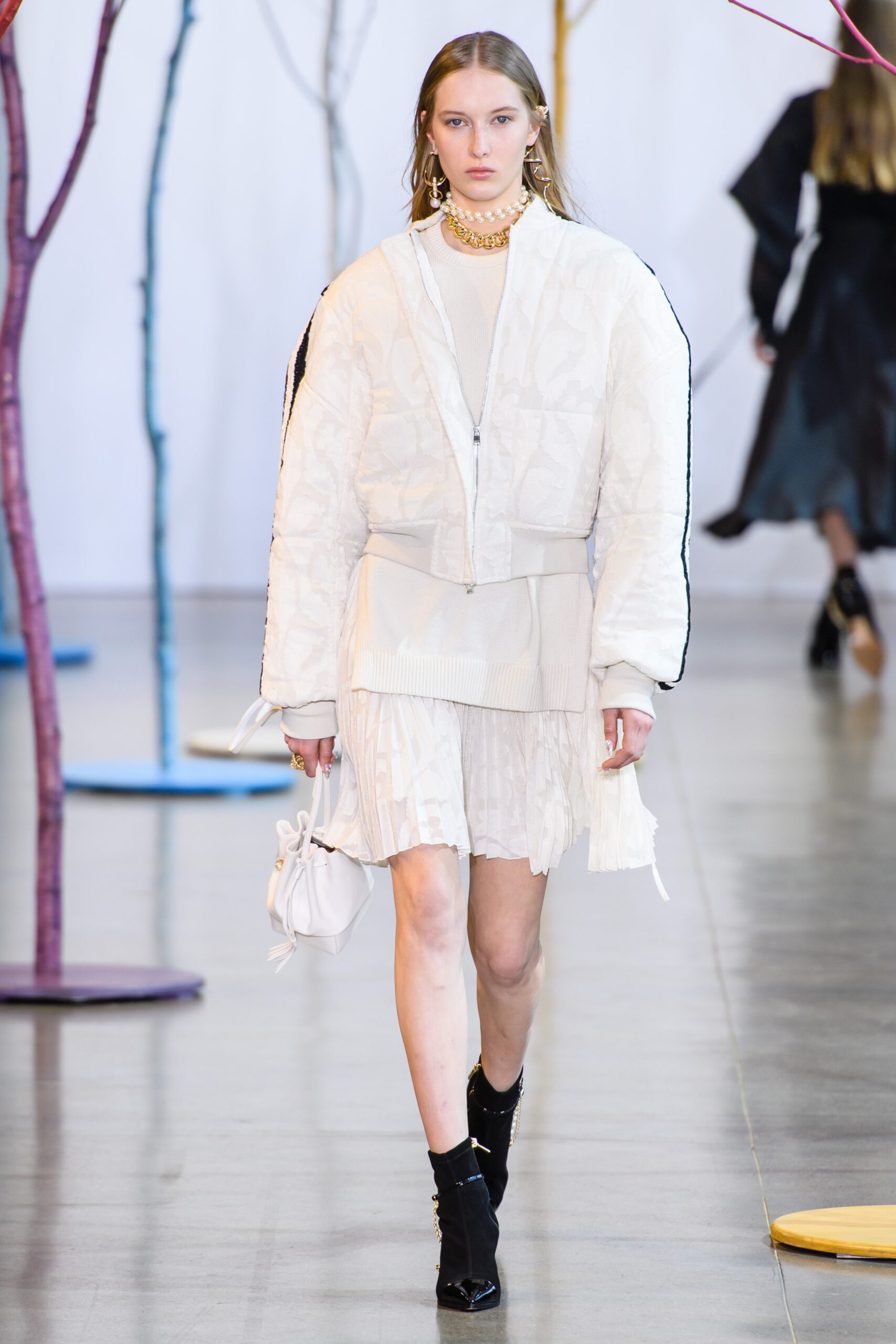 white oversized jacket and mini dress