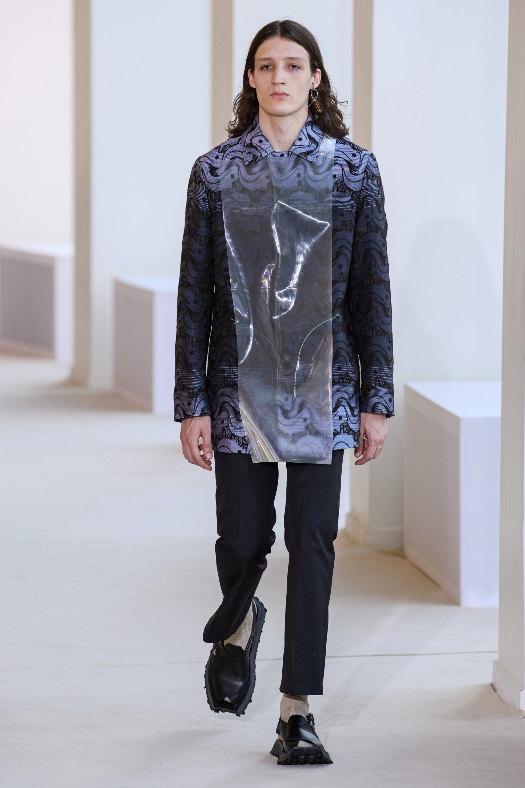 black silk long-sleeve collared fitted layered zippered coat