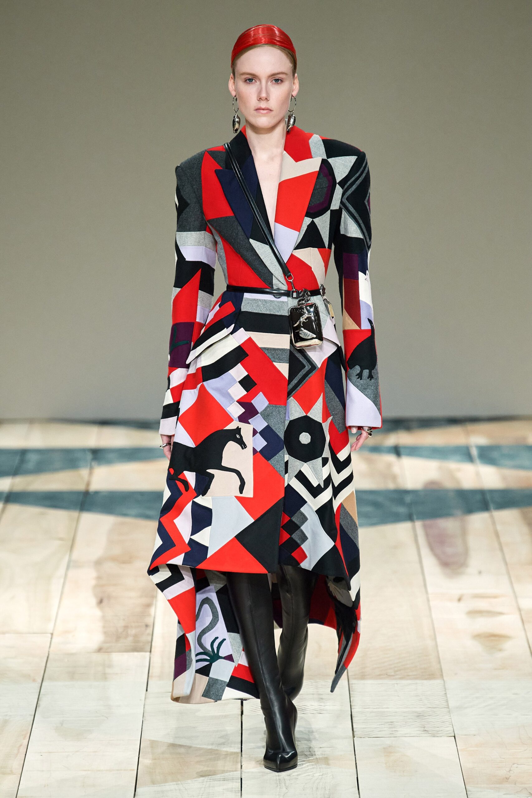 red wool long-sleeve collared fitted color-blocked midi coat