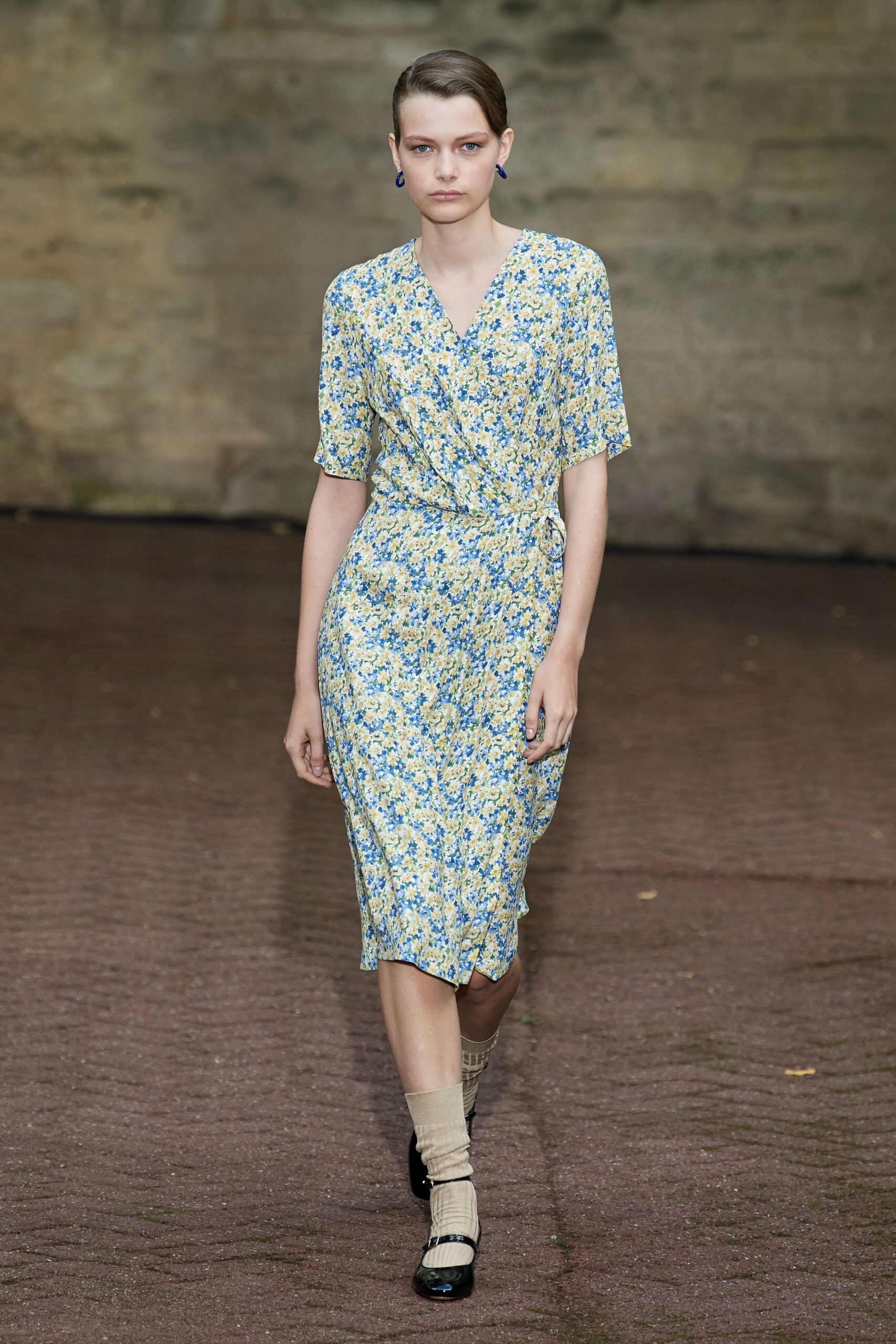 blue and yellow floral midi dress