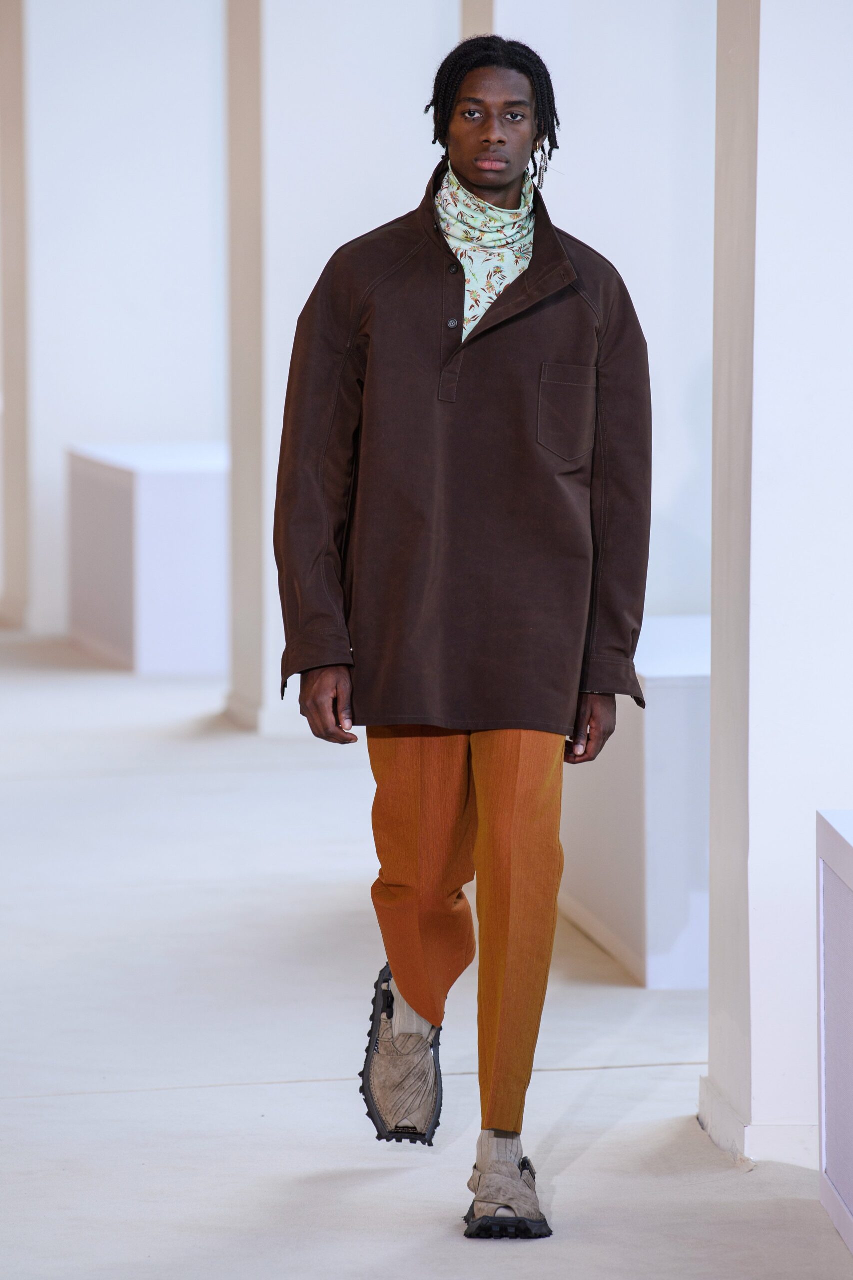 orange cotton tailored straight-leg pants