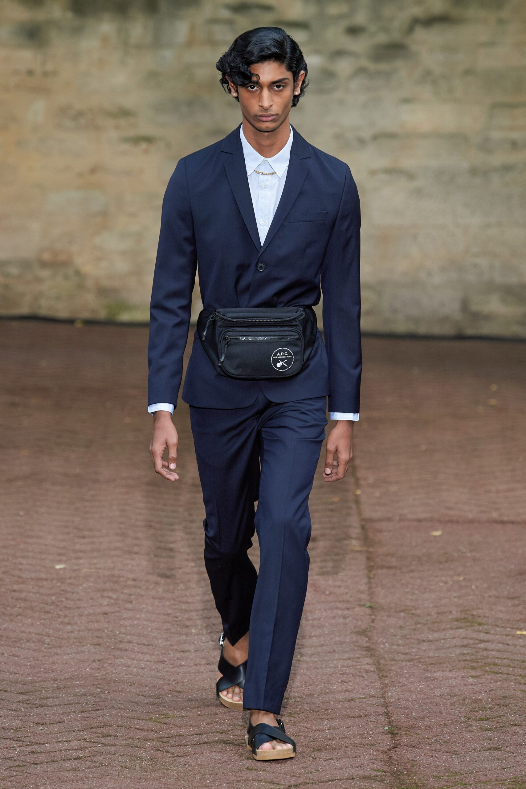 blue tailored suit with white shirt