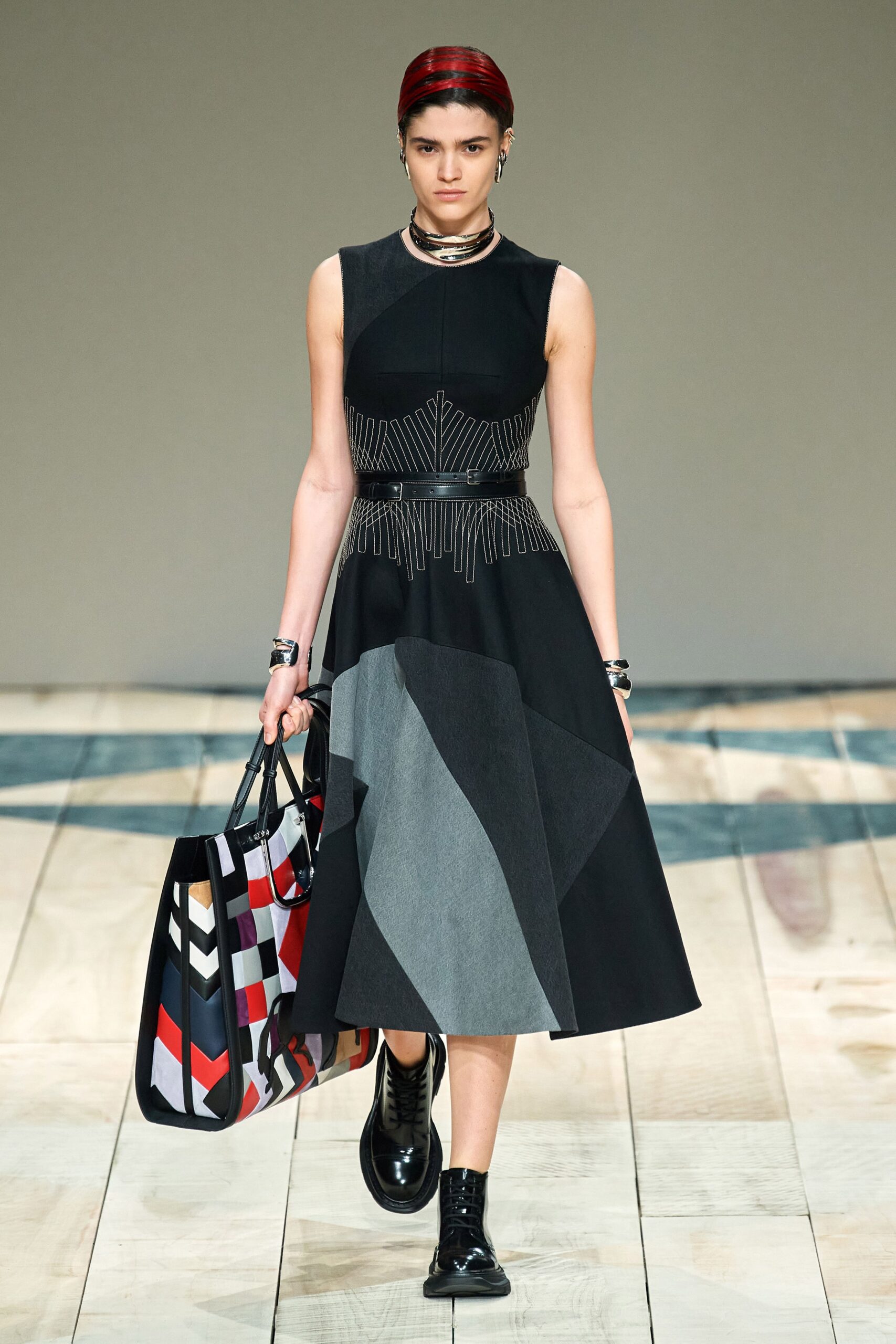 black gray color-blocked midi dress