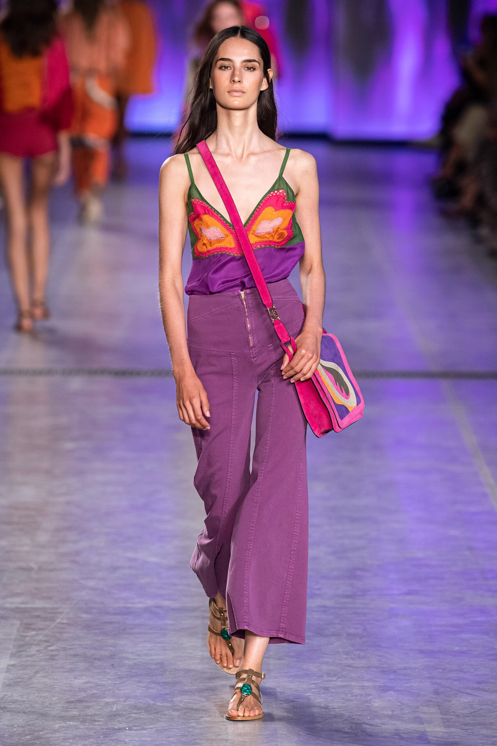 embroidered purple top with wide-leg pants