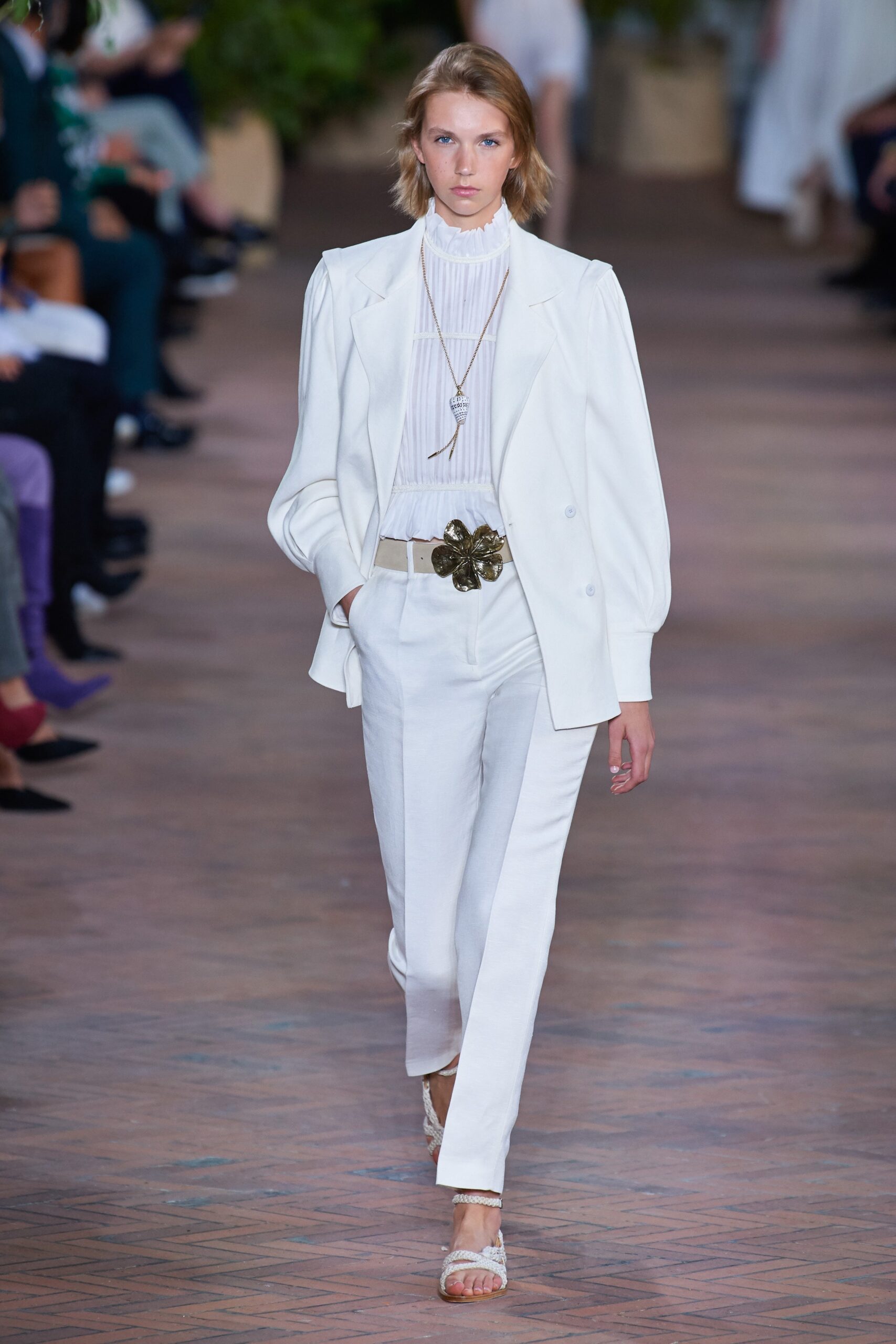 white cotton long-sleeve collared structured buttoned blazer