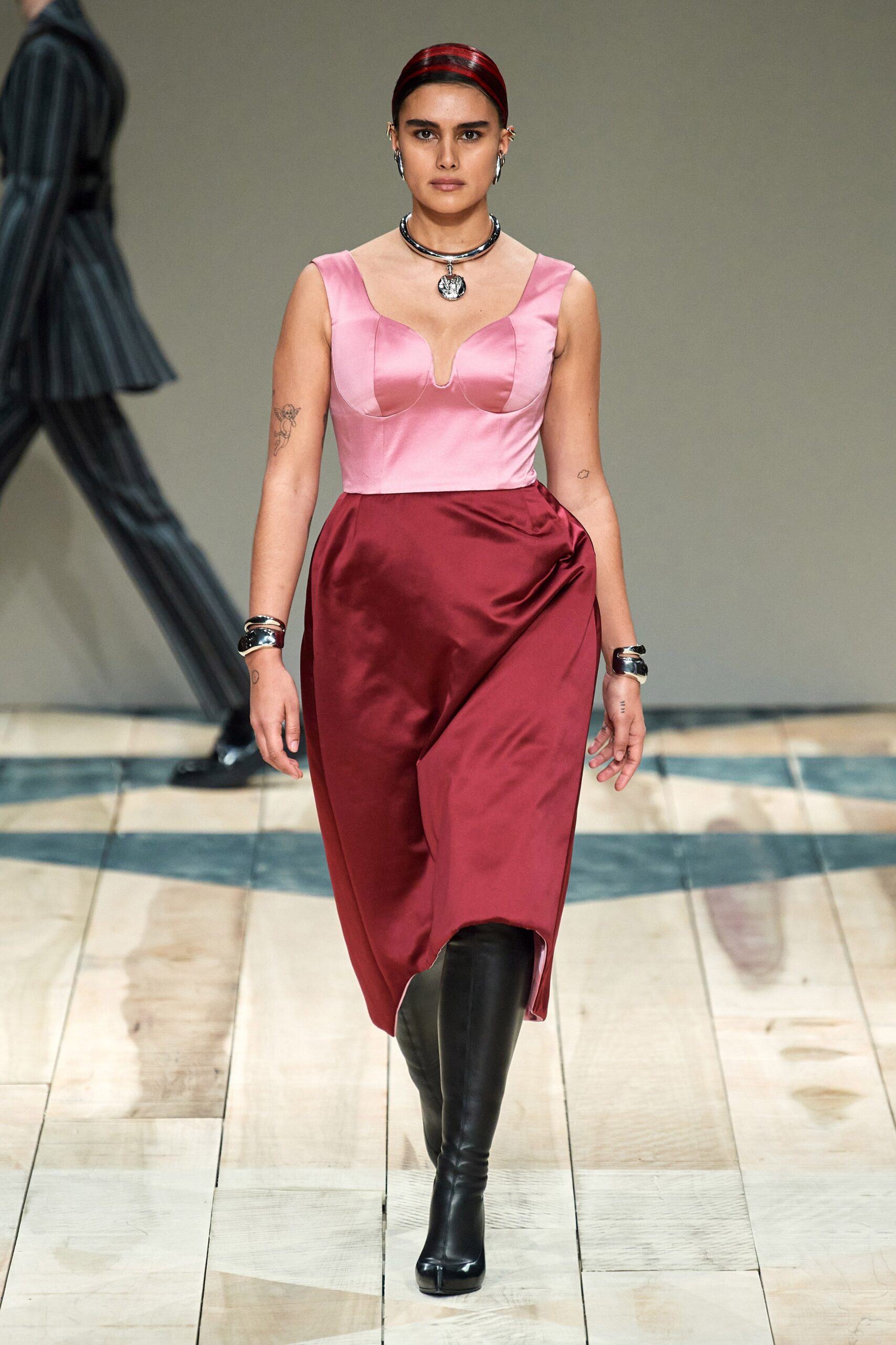 pink and red fitted midi dress