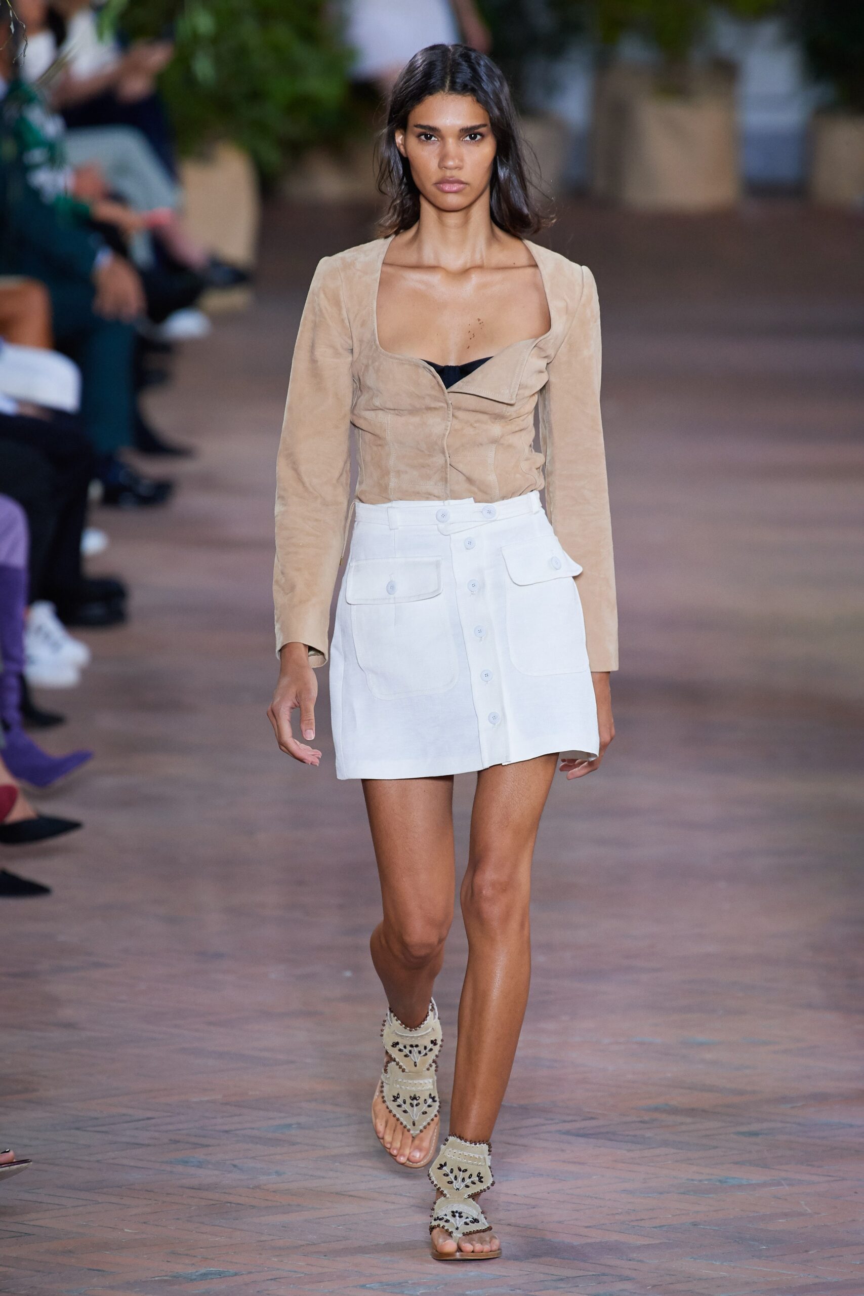 beige suede long-sleeve collared fitted buttoned blouse