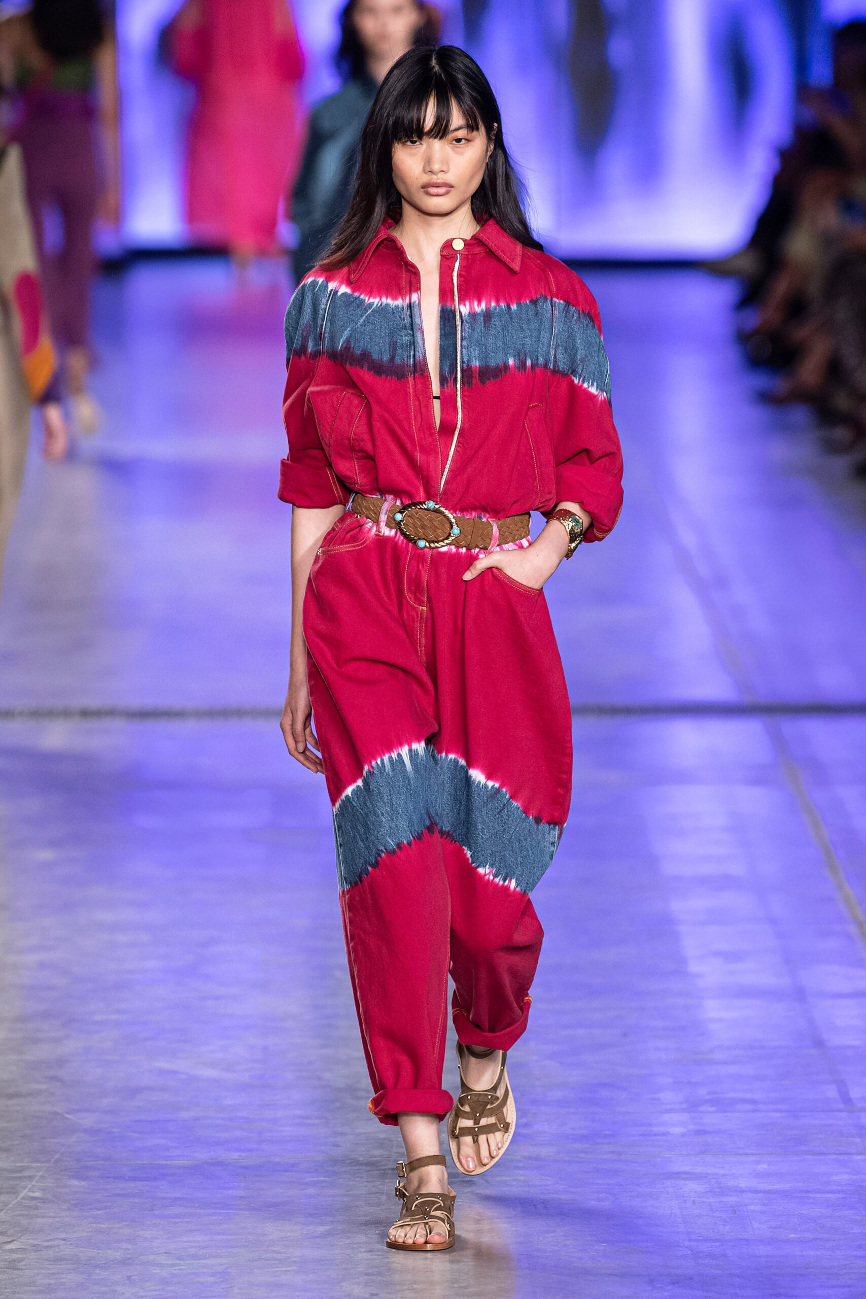 red and blue color-blocked jumpsuit