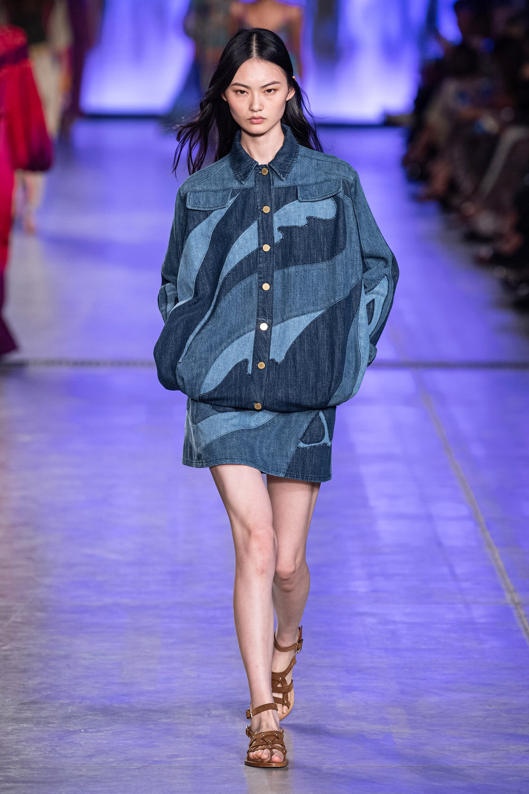 blue denim oversized jacket and skirt