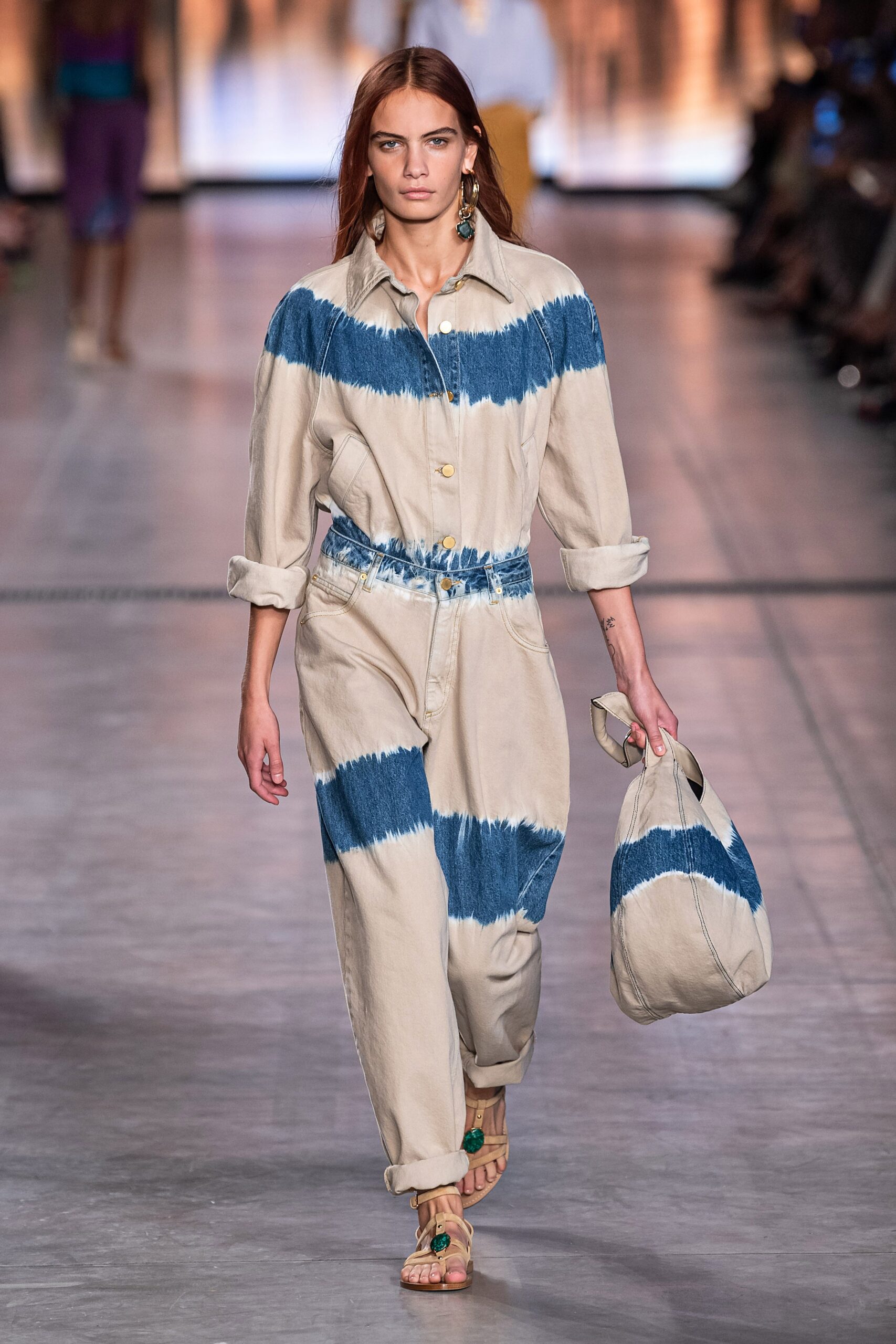 beige and blue relaxed jumpsuit