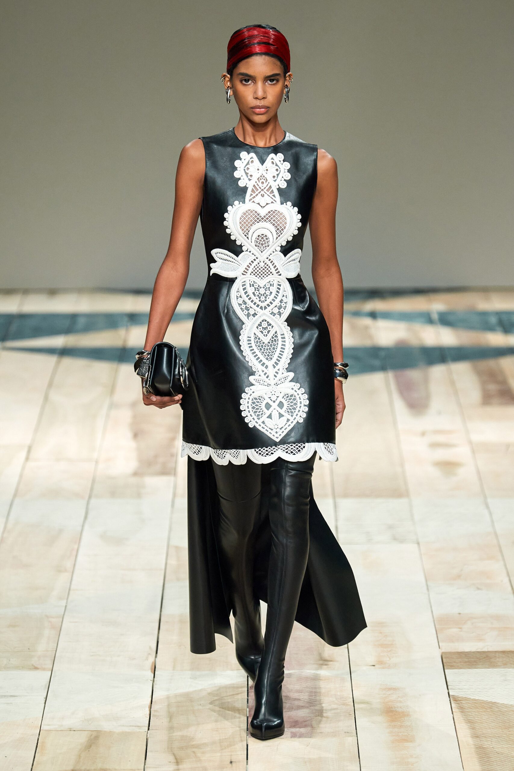 black leather midi dress with embroidery