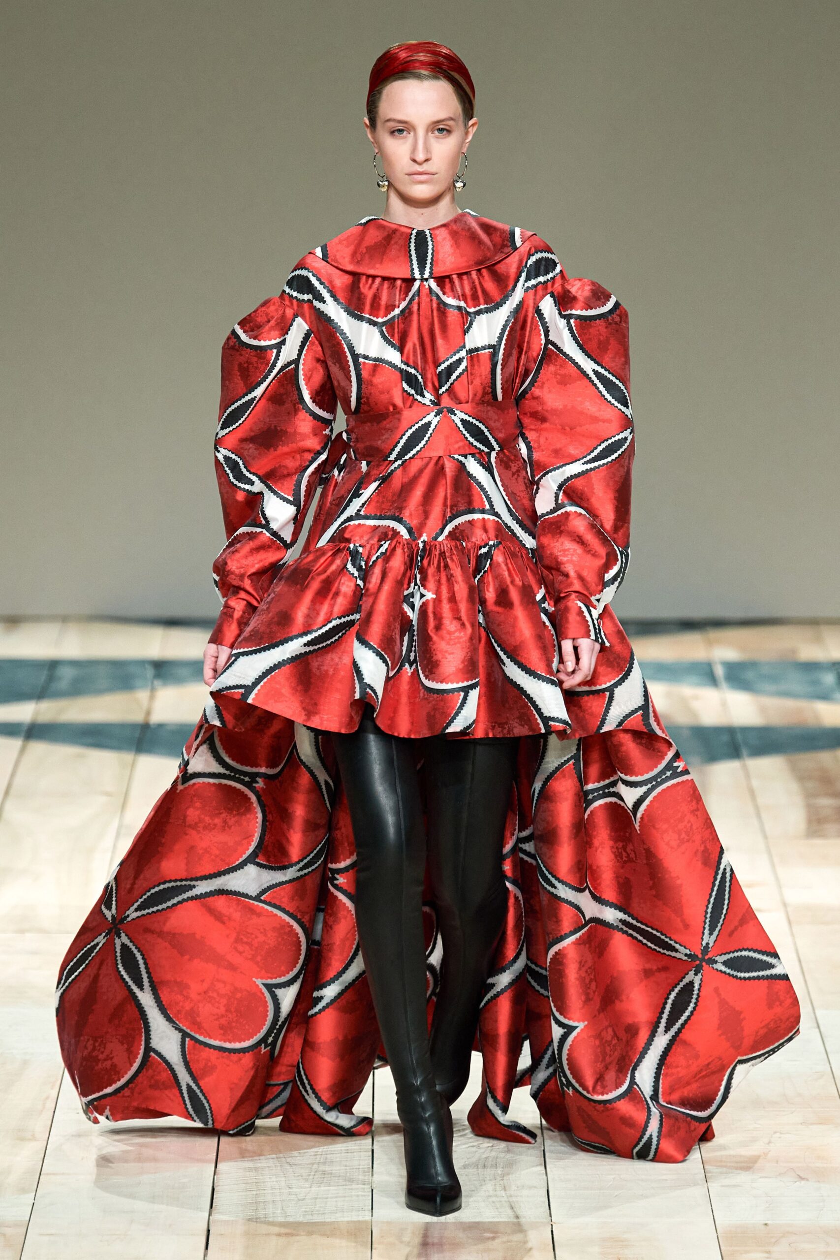 red silk long-sleeve flared dress