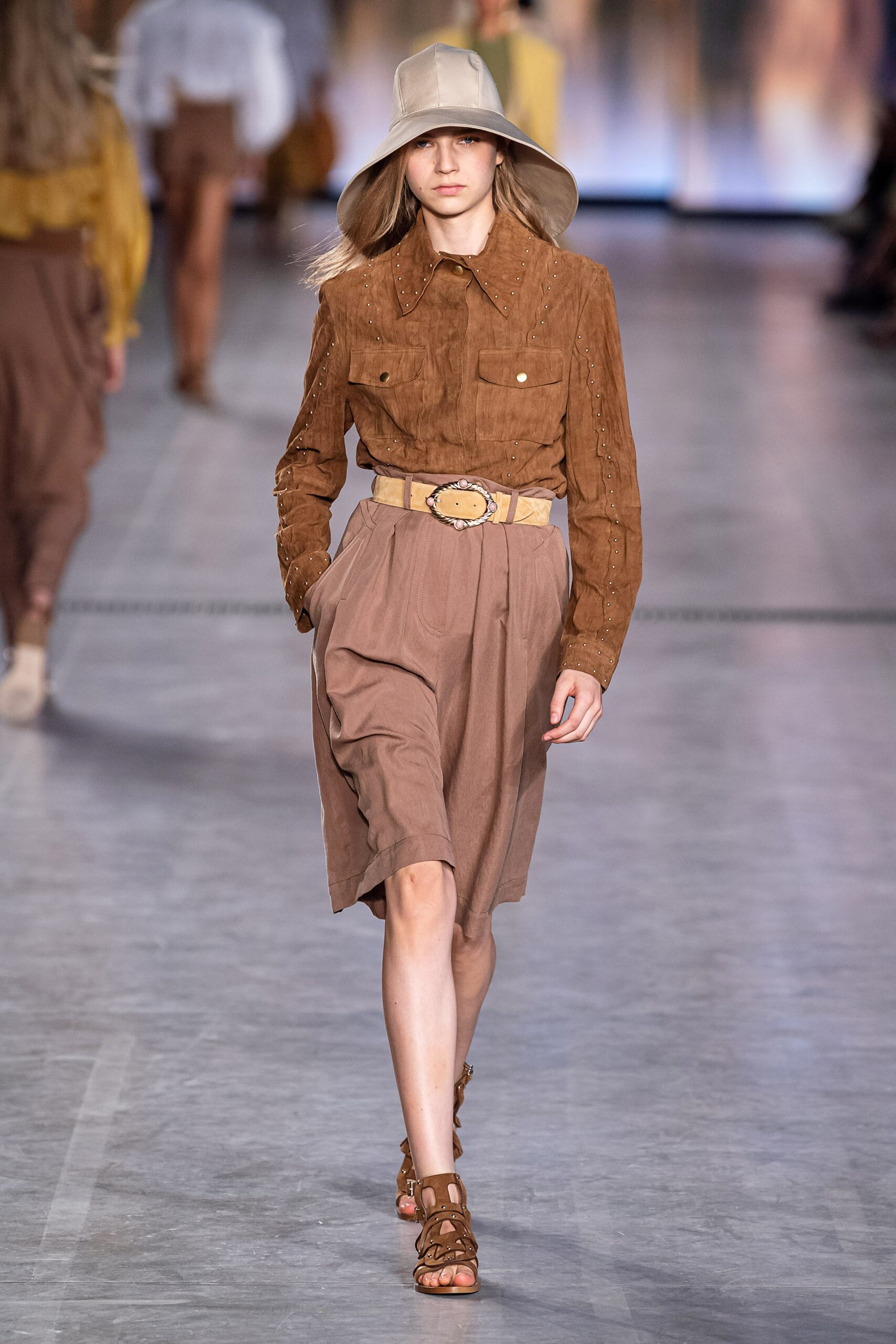 brown suede shirt and midi skirt