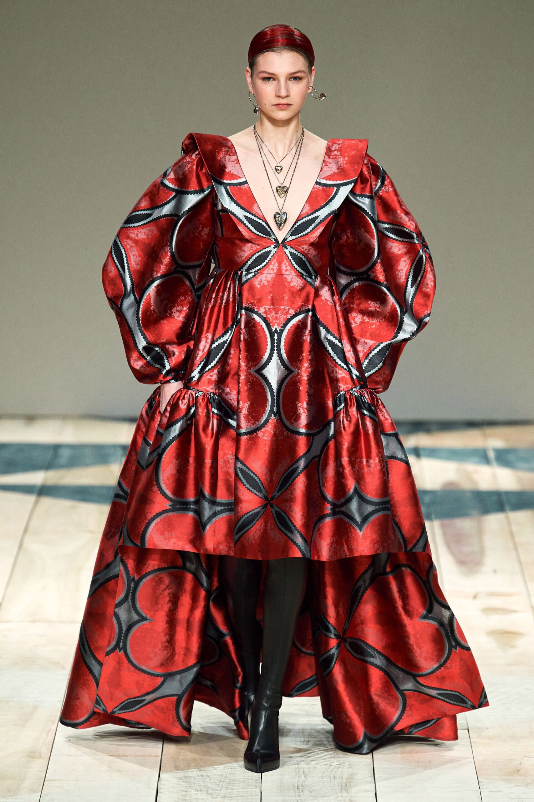 red silk v-neck gown