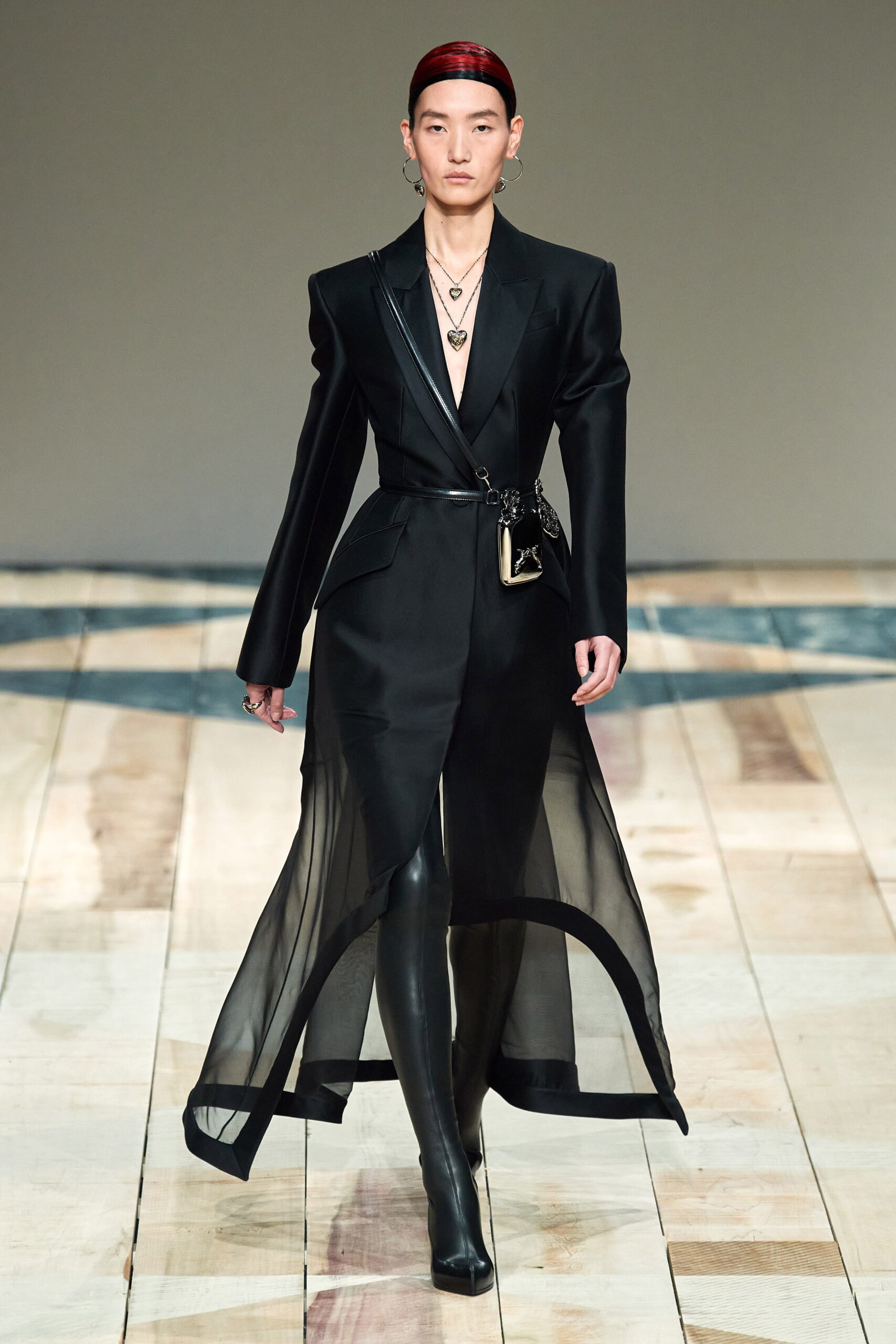 black silk long-sleeve v-neck fitted belted sheer dress