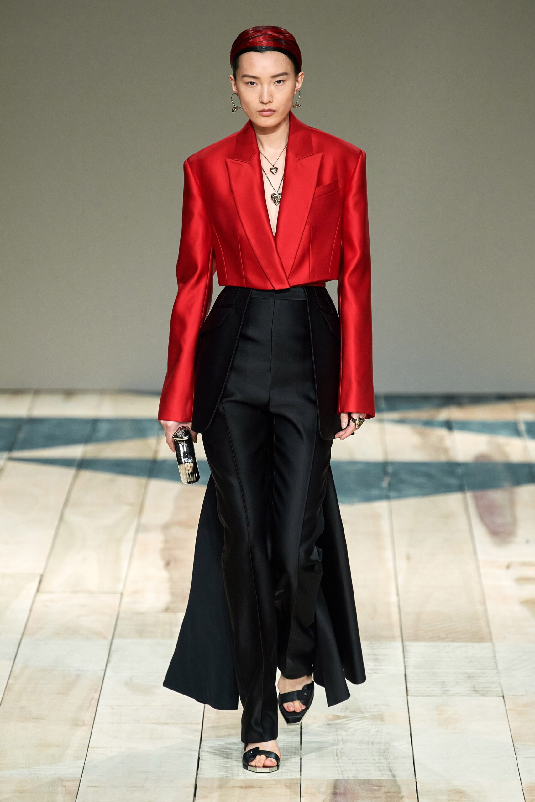 red silk long-sleeve v-neck tailored buttoned blazer