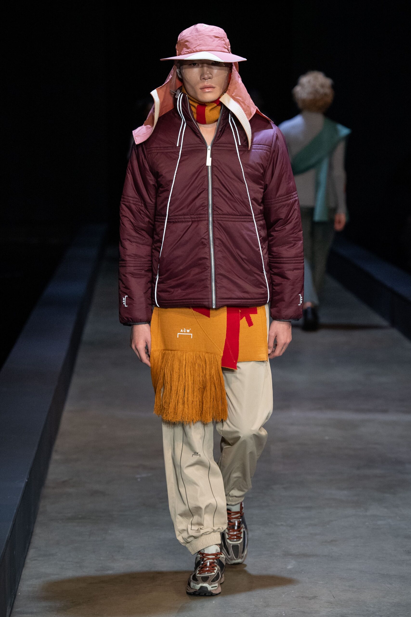 maroon jacket with relaxed pants