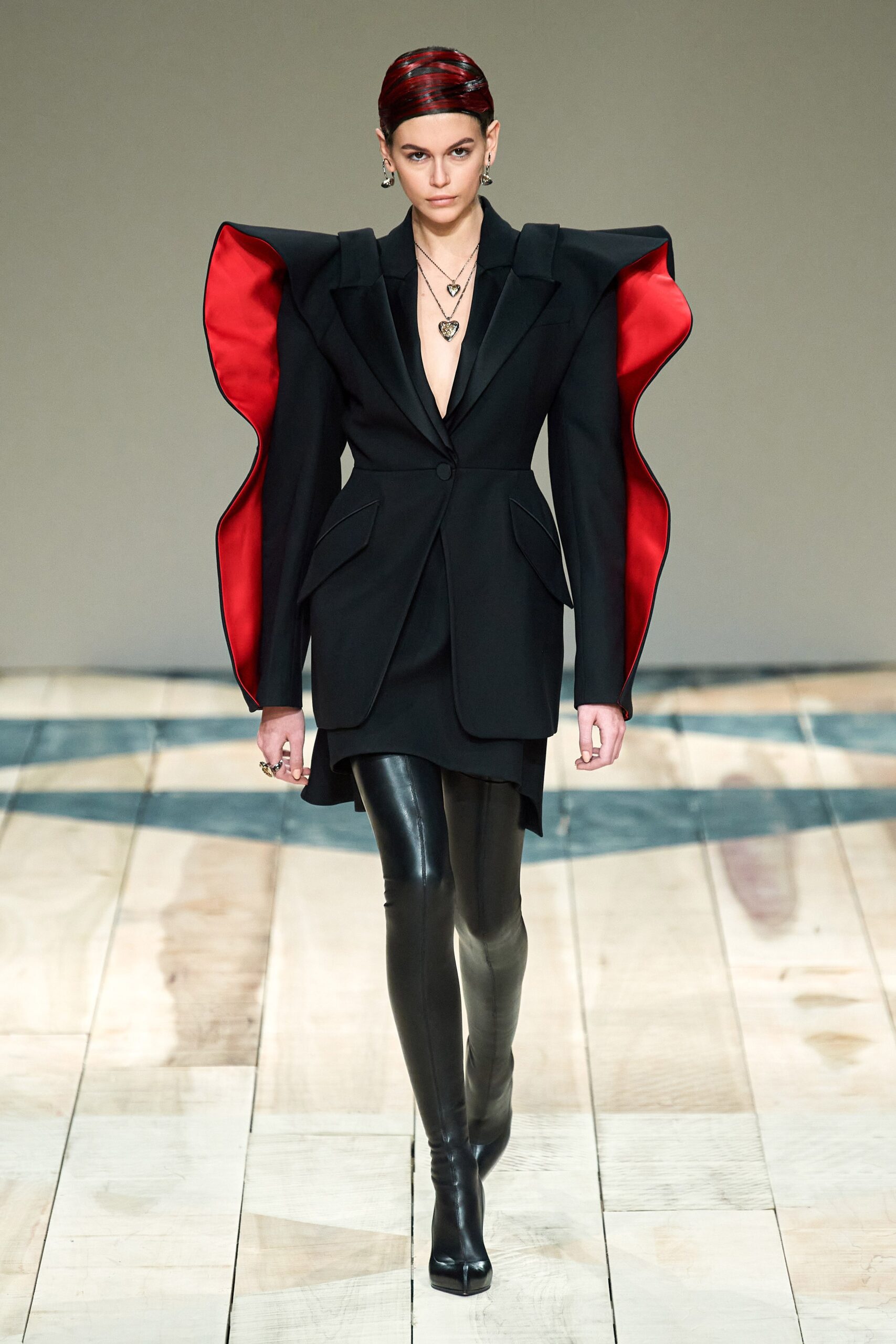 black wool long-sleeve v-neck fitted structured buttoned blazer