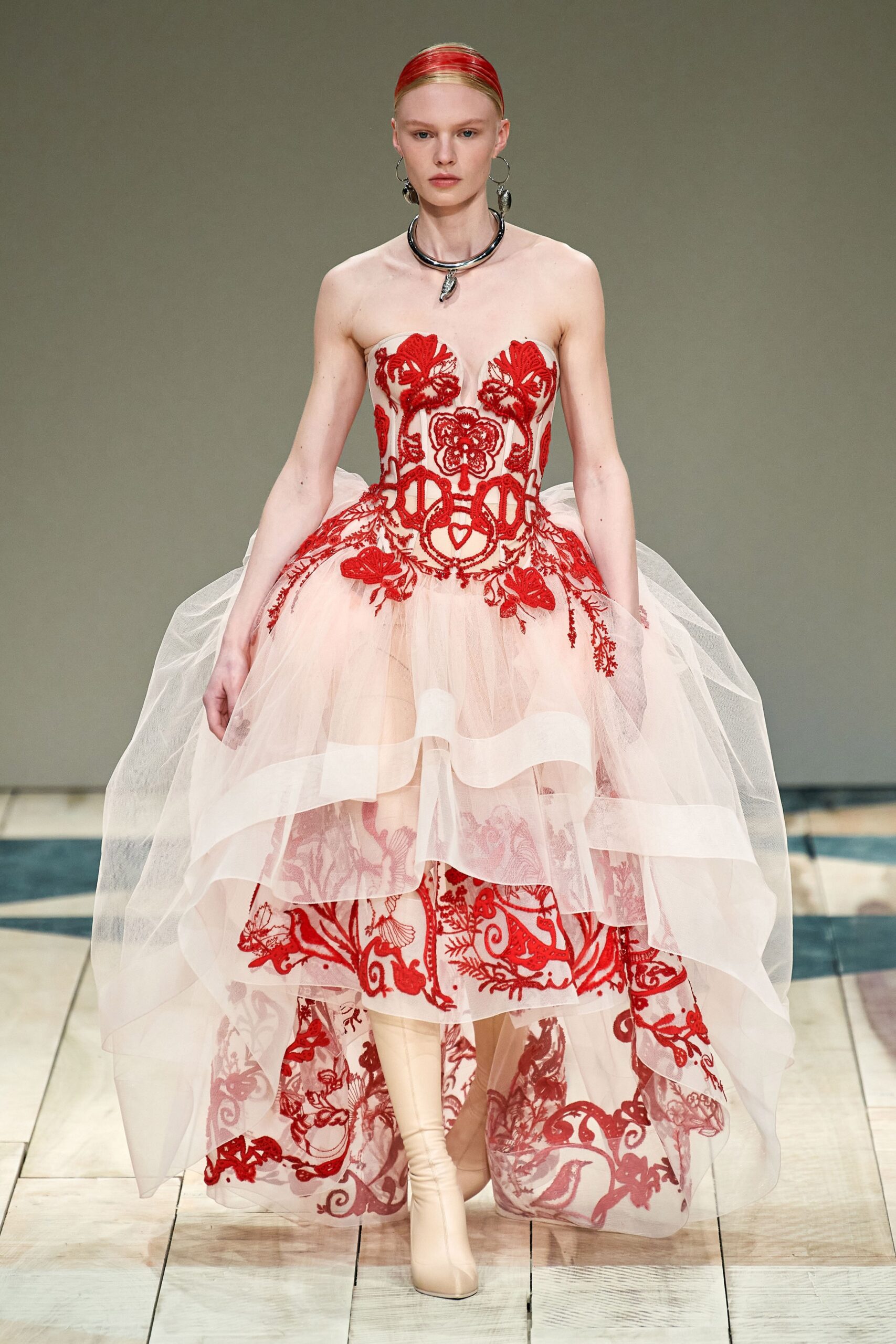 red and white embroidered gown