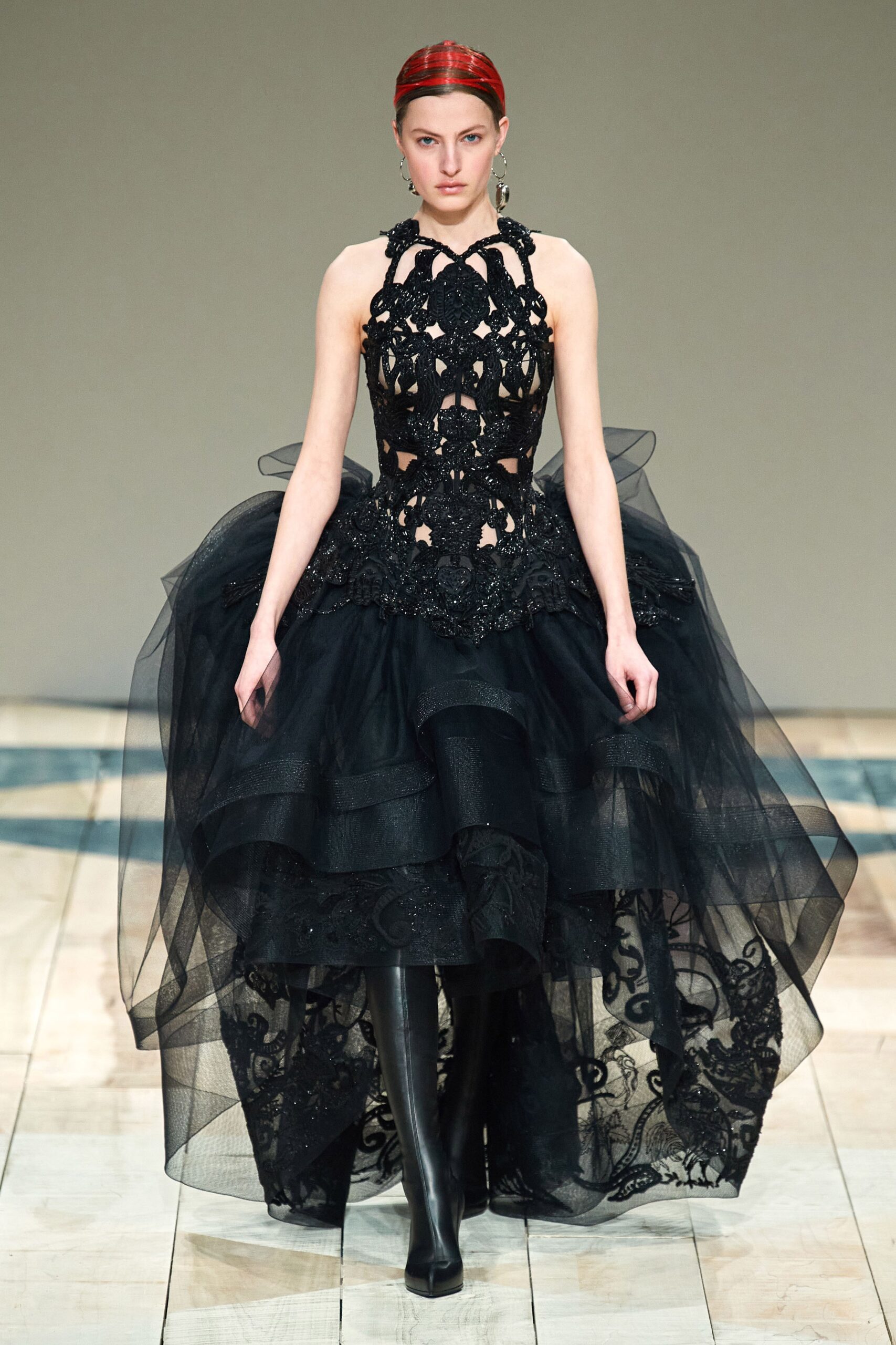 black lace embellished gown