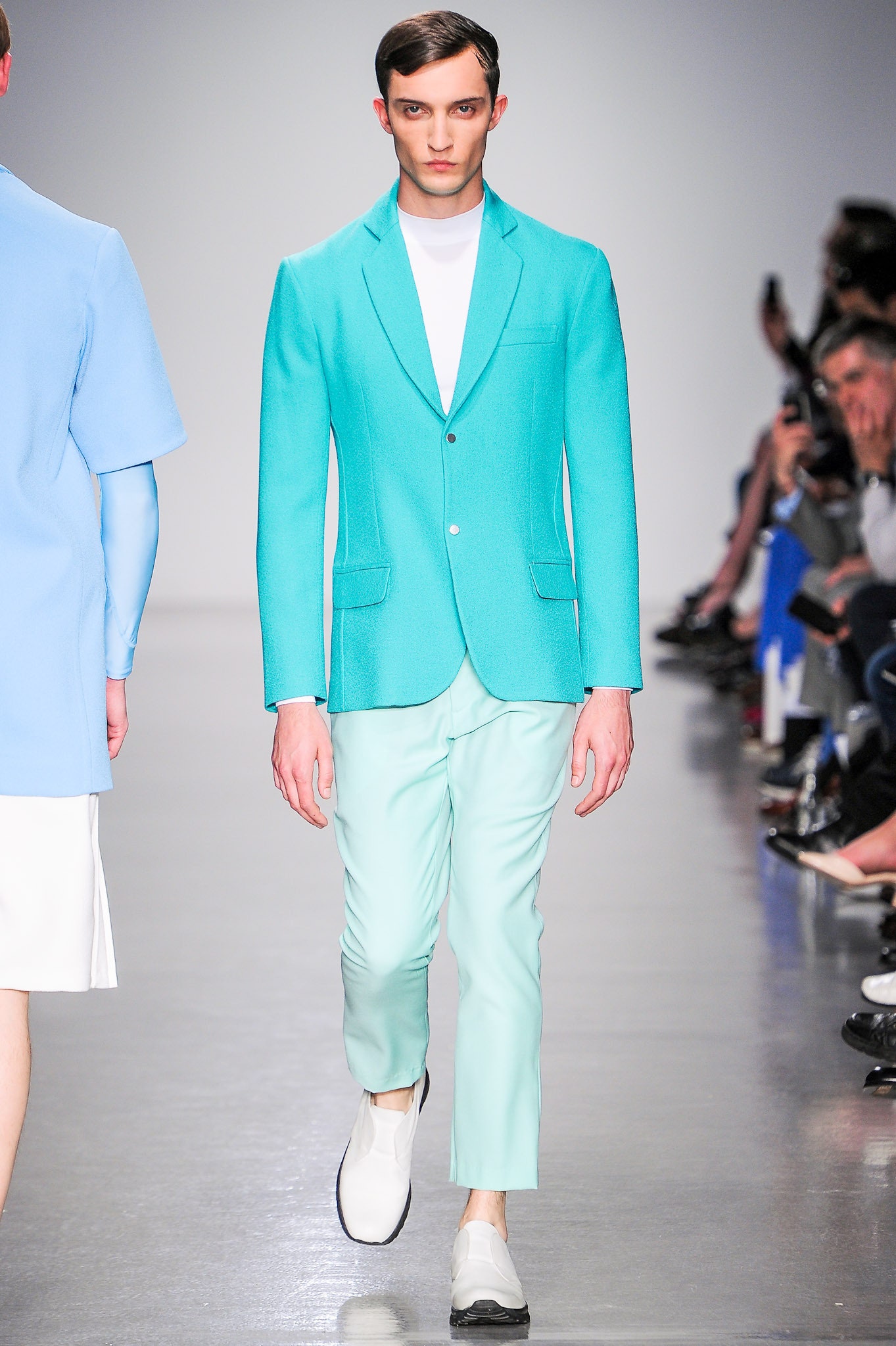 teal blazer with mint pants