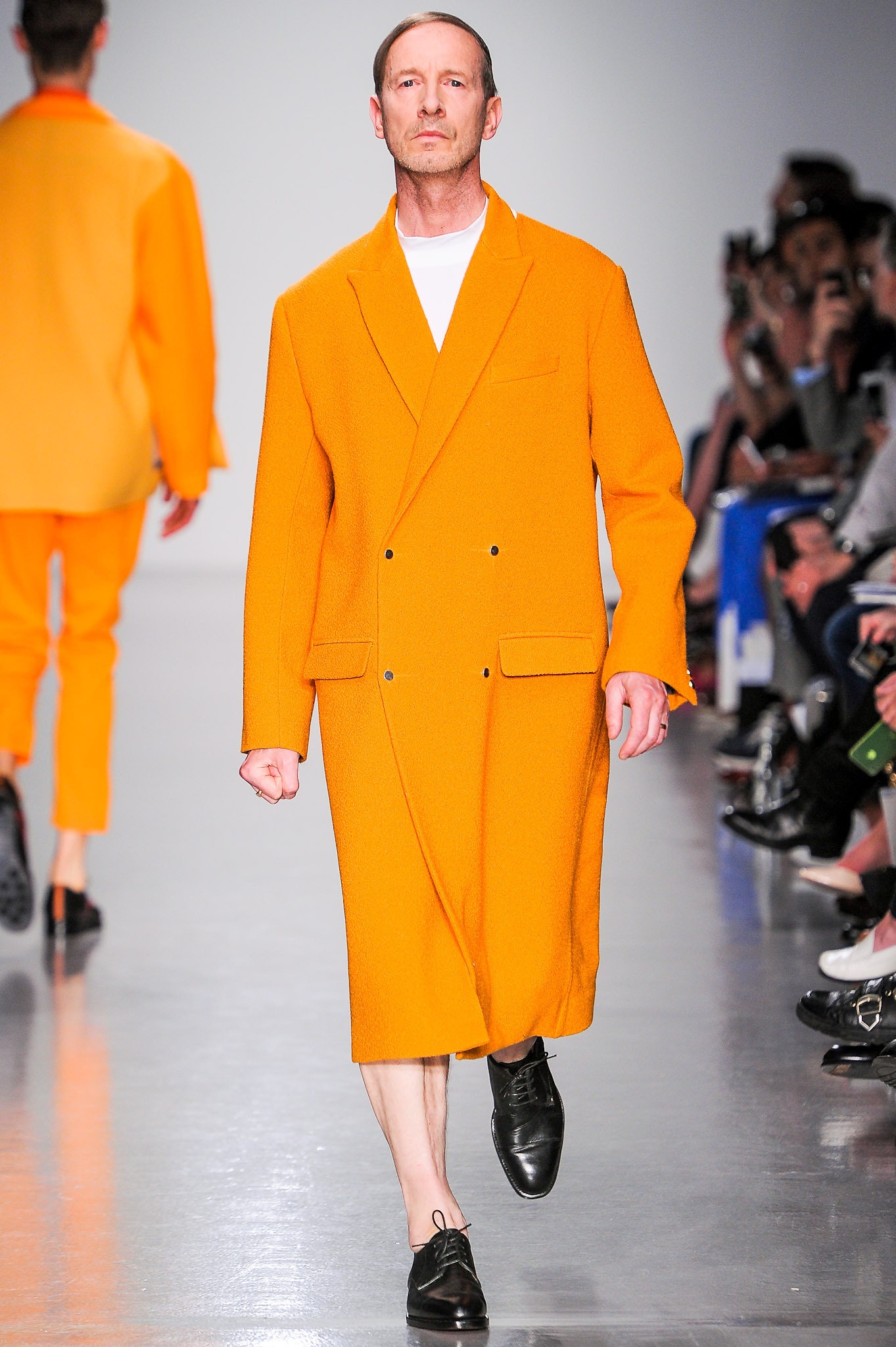 orange wool long-sleeve collared relaxed straight-leg midi coat