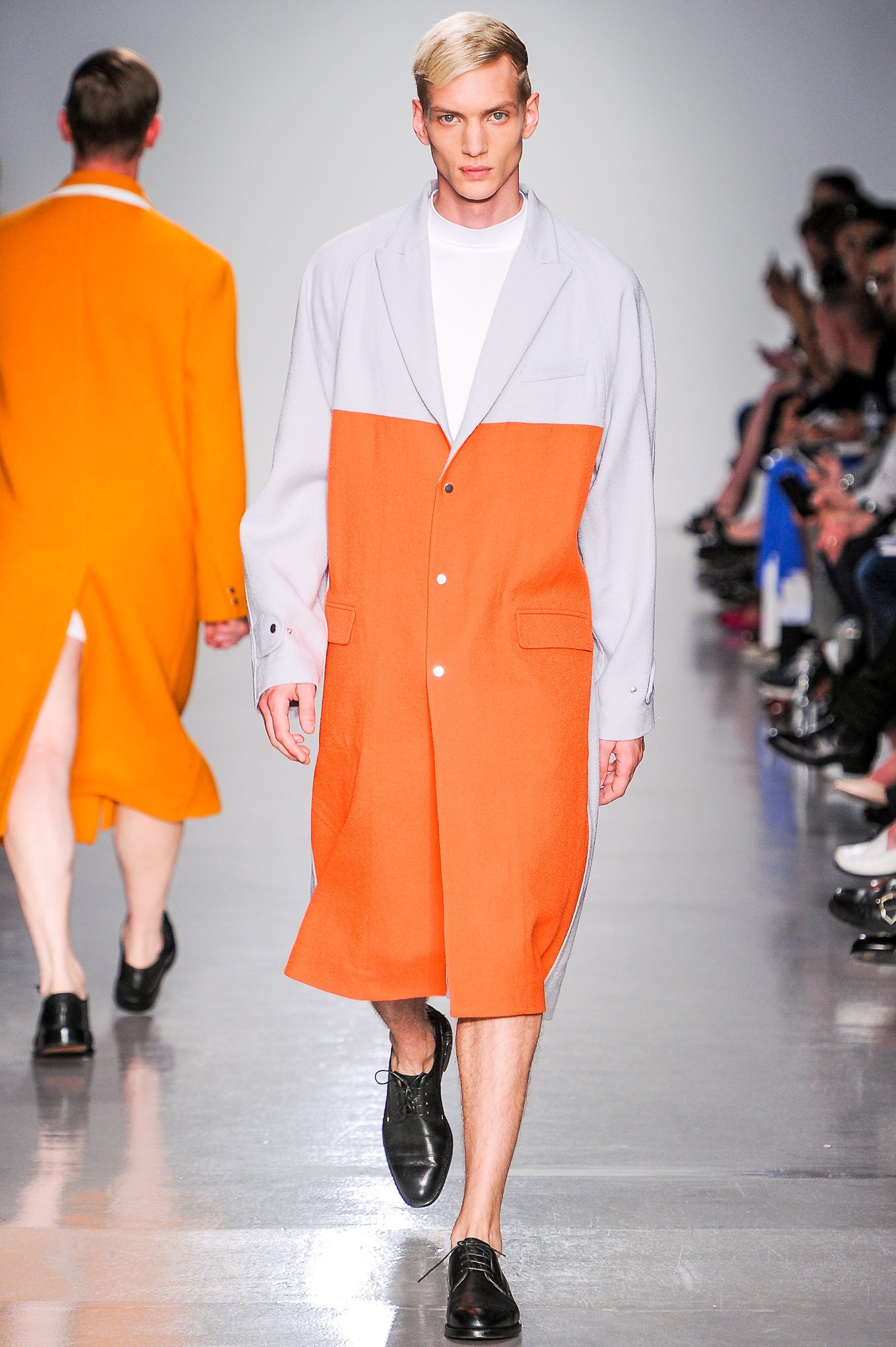 orange wool long-sleeve collared relaxed buttoned color-blocked coat