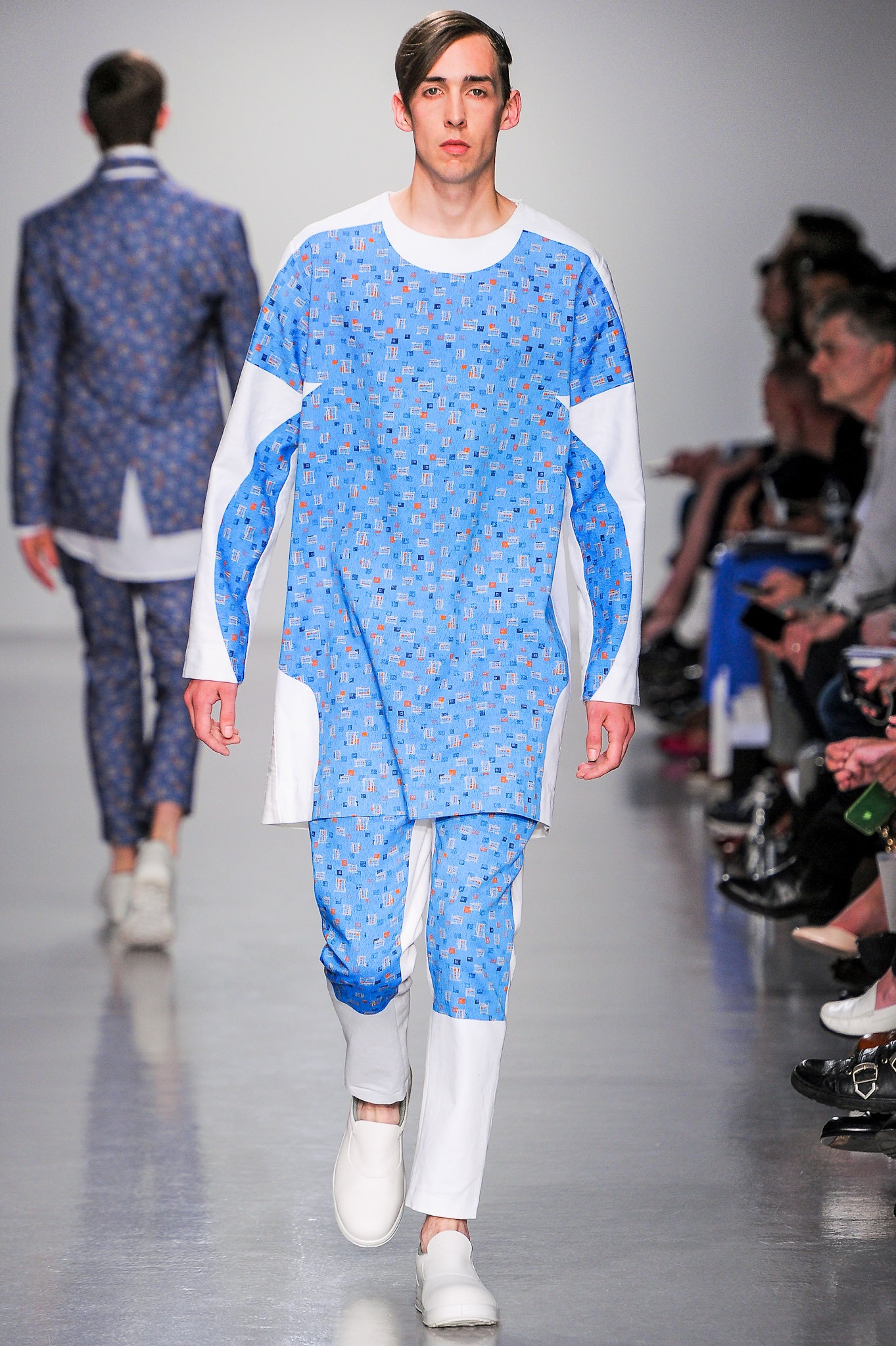 blue long-sleeve collared relaxed printed top
