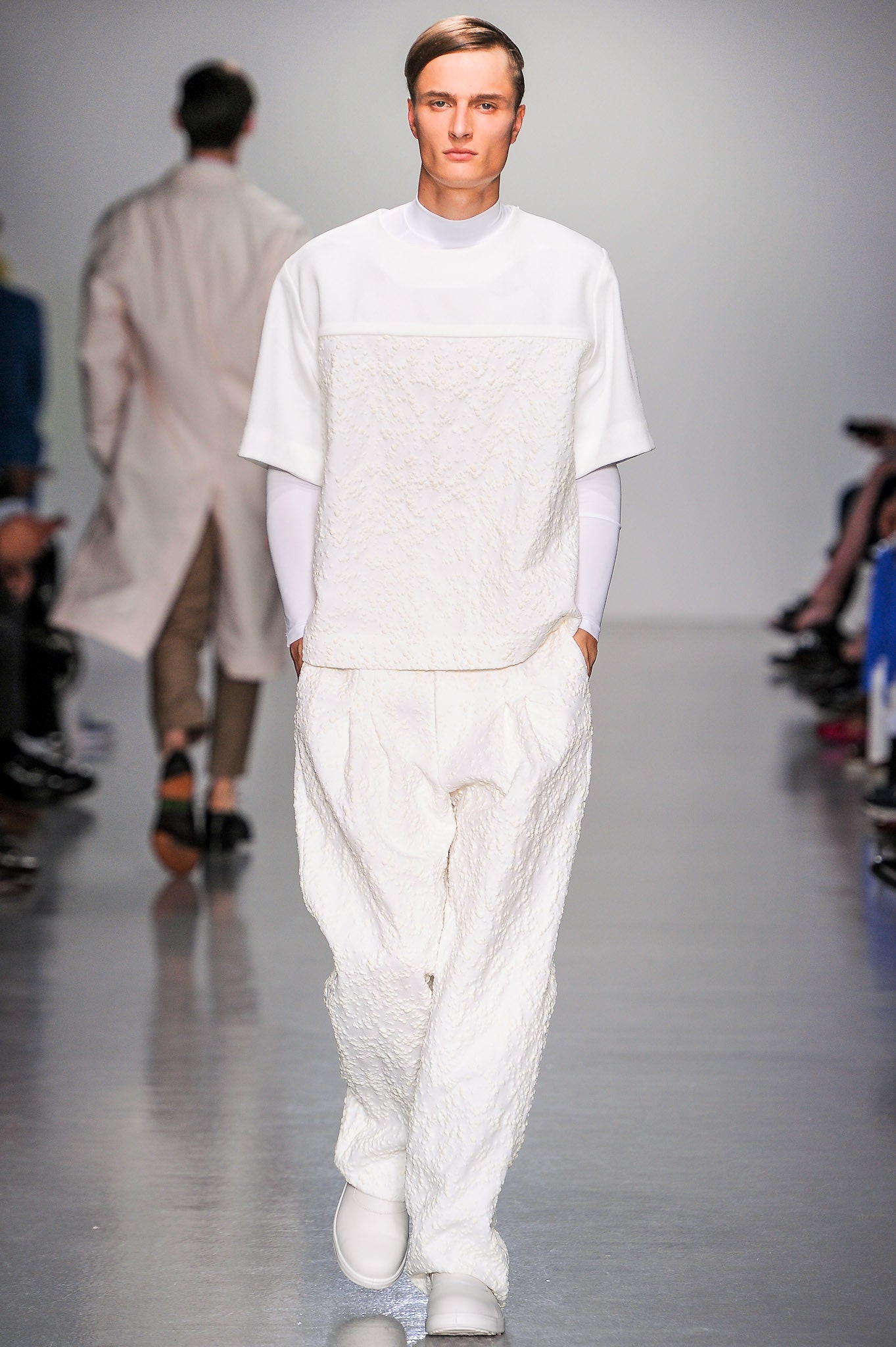 white cotton short-sleeve collared relaxed textured top