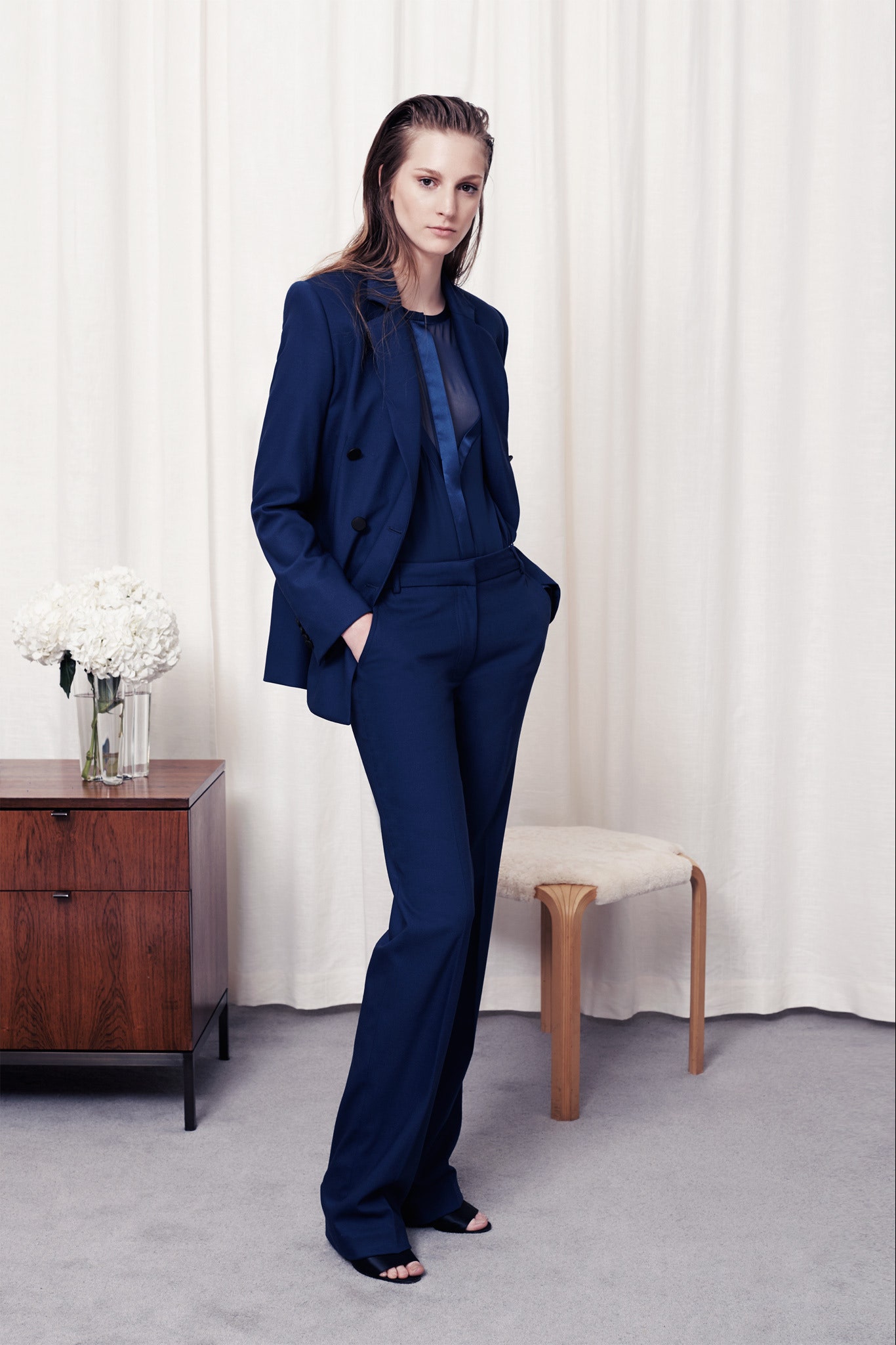 blue silk long-sleeve collared tailored buttoned suit