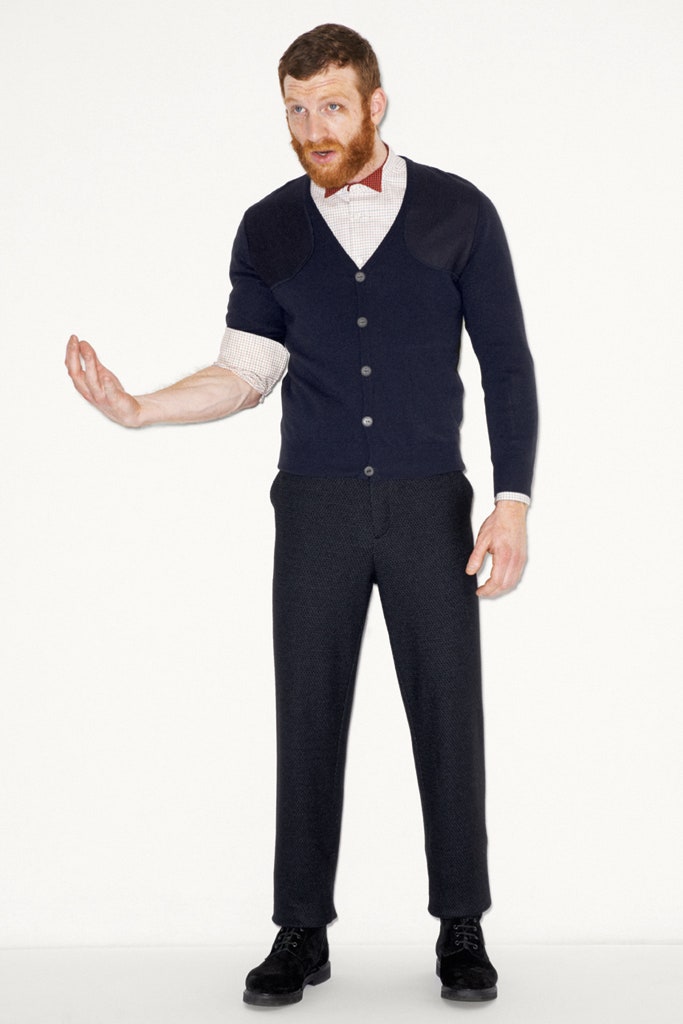 black cardigan with gray pants
