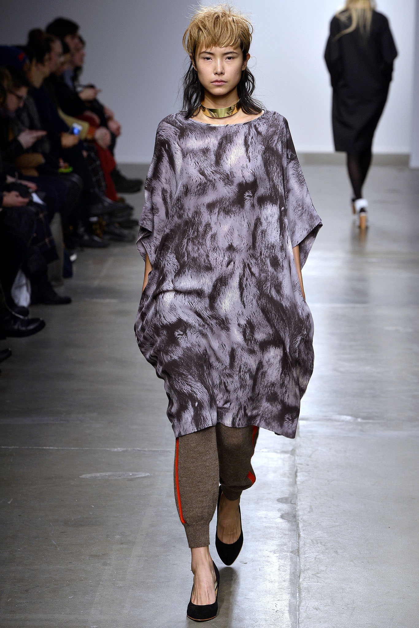 gray silk relaxed dress with brown pants