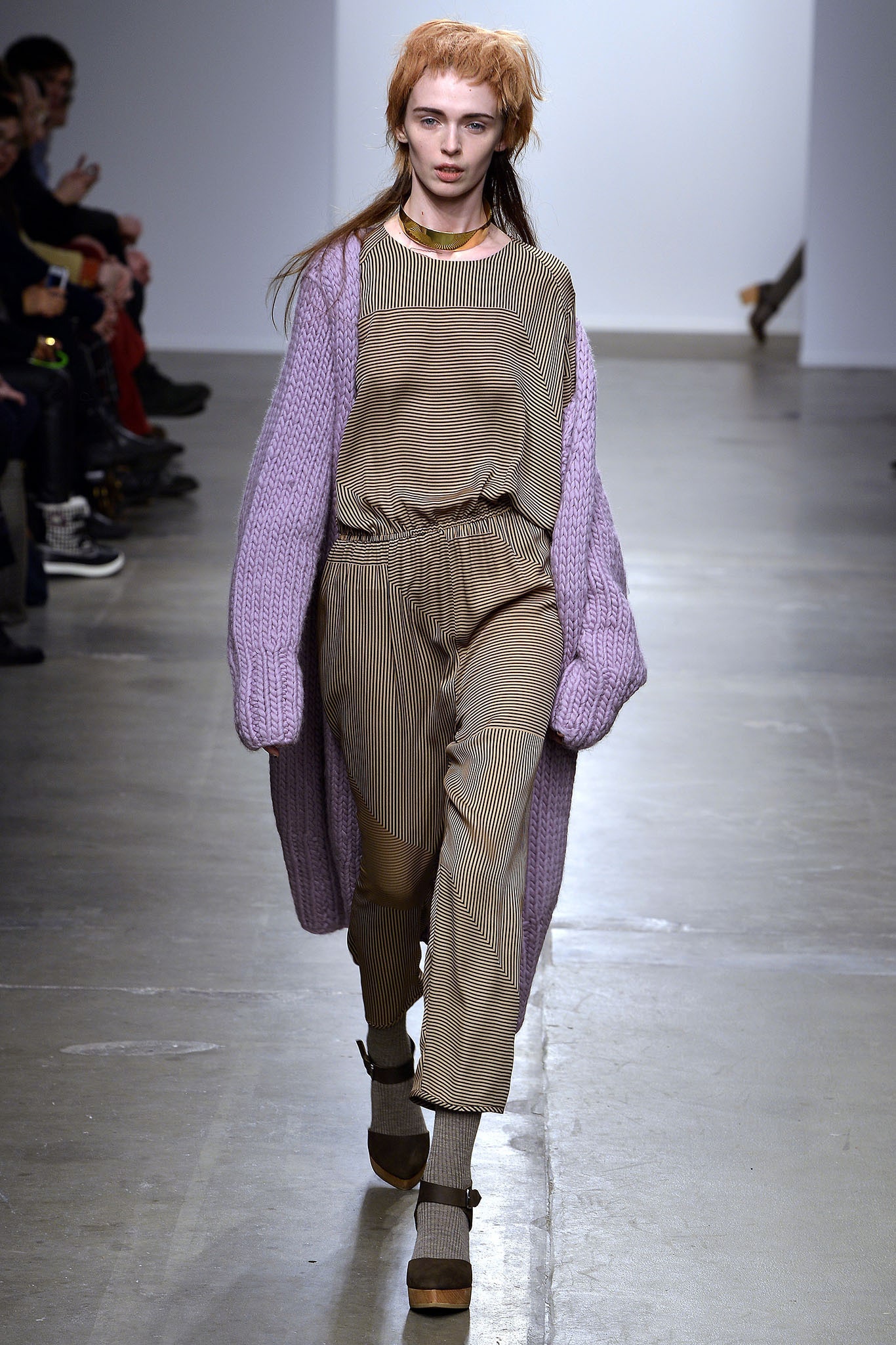 purple oversized cardigan with striped top and pants